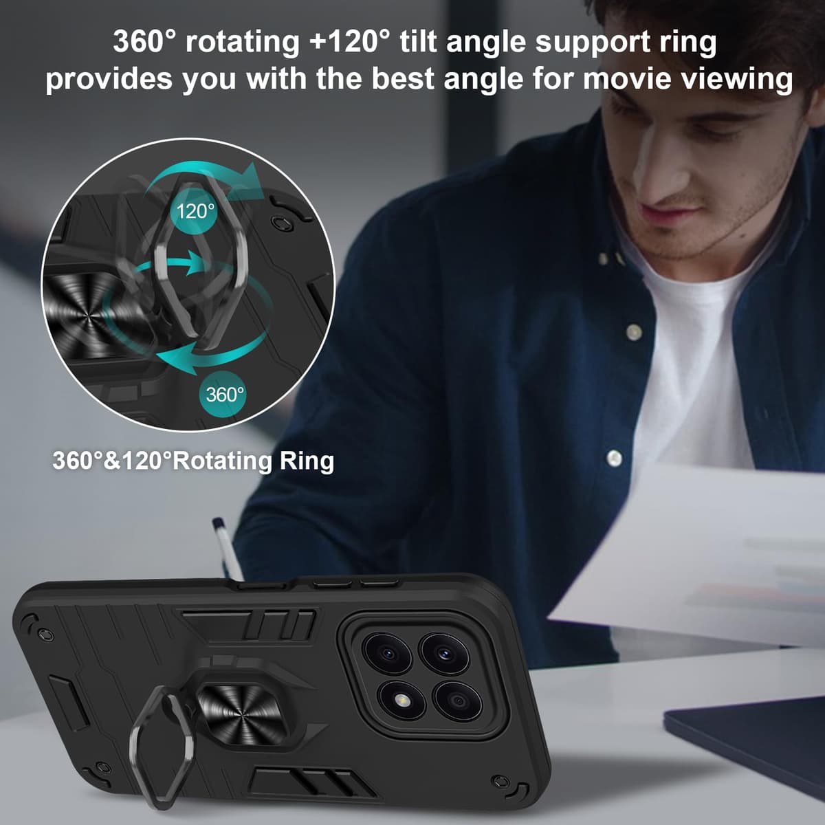 Funda para CMF Phone 2 Pro, Carcasa Antigolpes con Soporte anular metálico, Case Protectora de Grado Militar, Negro — view 788