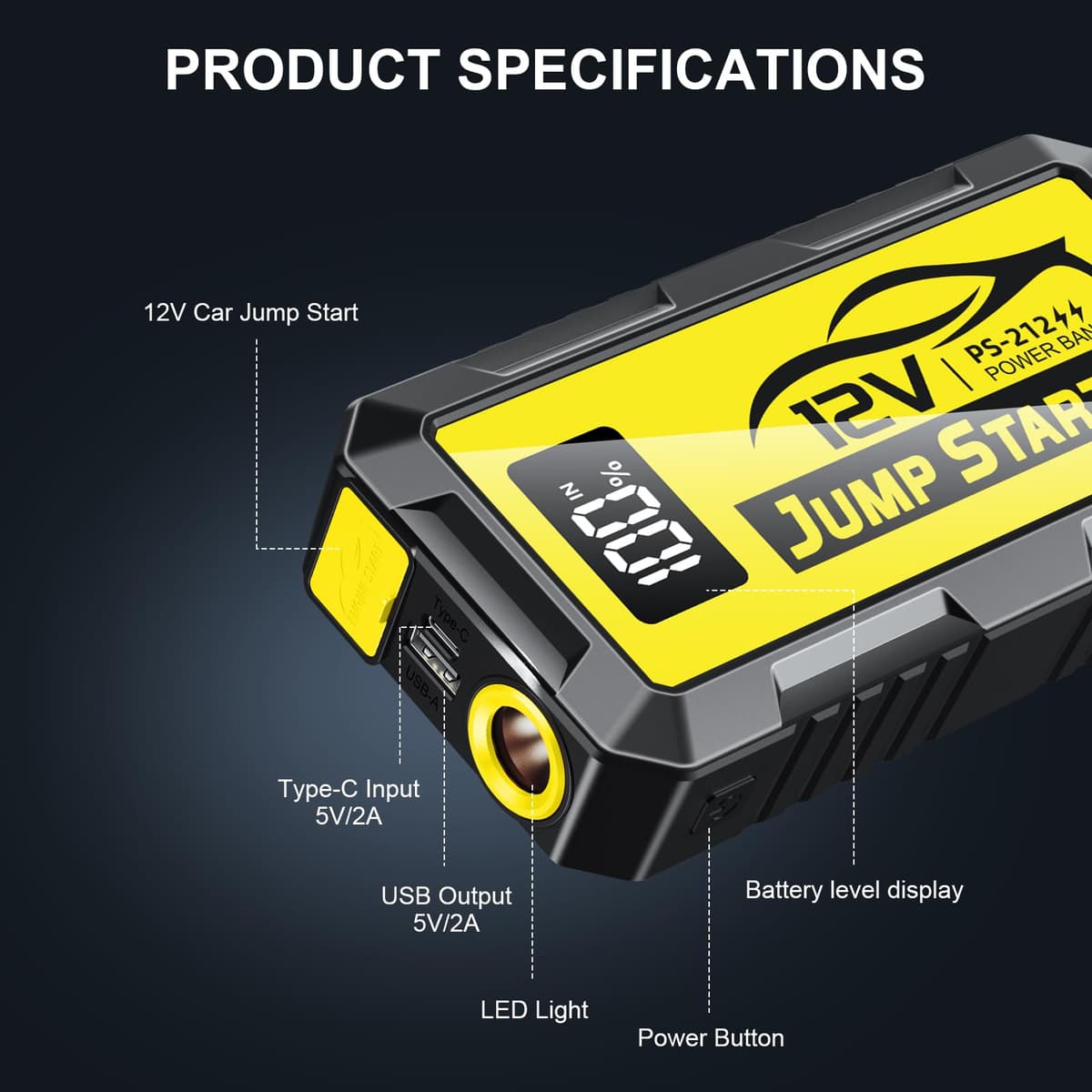 PSOOO Jump Starter 12V 8000A Power Pack Car Battery Pack (up to 10.0L Gas or 8.5L Diesel Engine) Jump Cable with Smart Clip and LED light (Yellow) — view 4