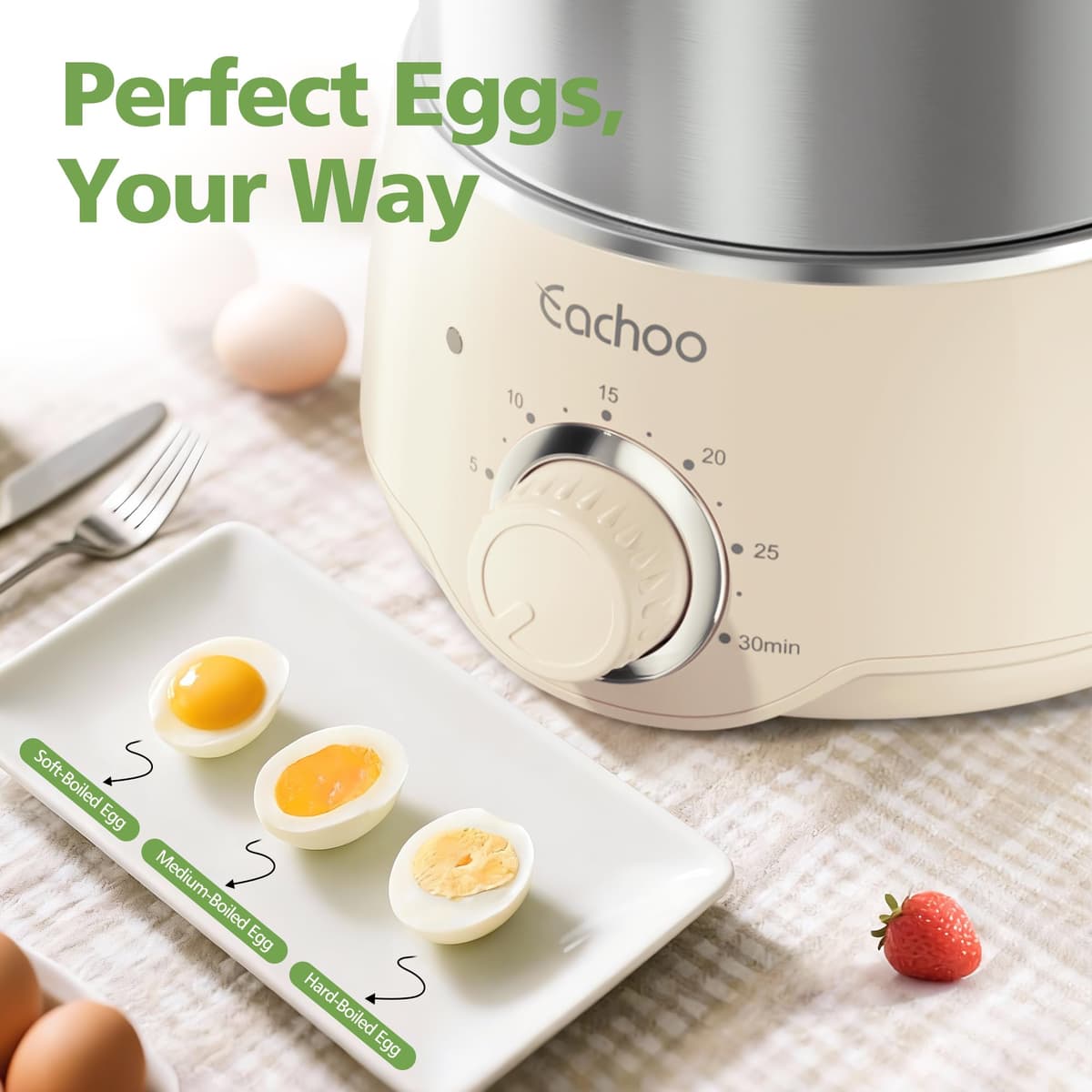 Hard Boiled Egg Cooker - CACHOO 14-Egg Rapid Stainless Steel Egg Boiler with 30-Min Timer & Auto Shut Off, Compact Electric Vegetable Steamer for Cooking, Dishwasher Safe, Beige — view 5
