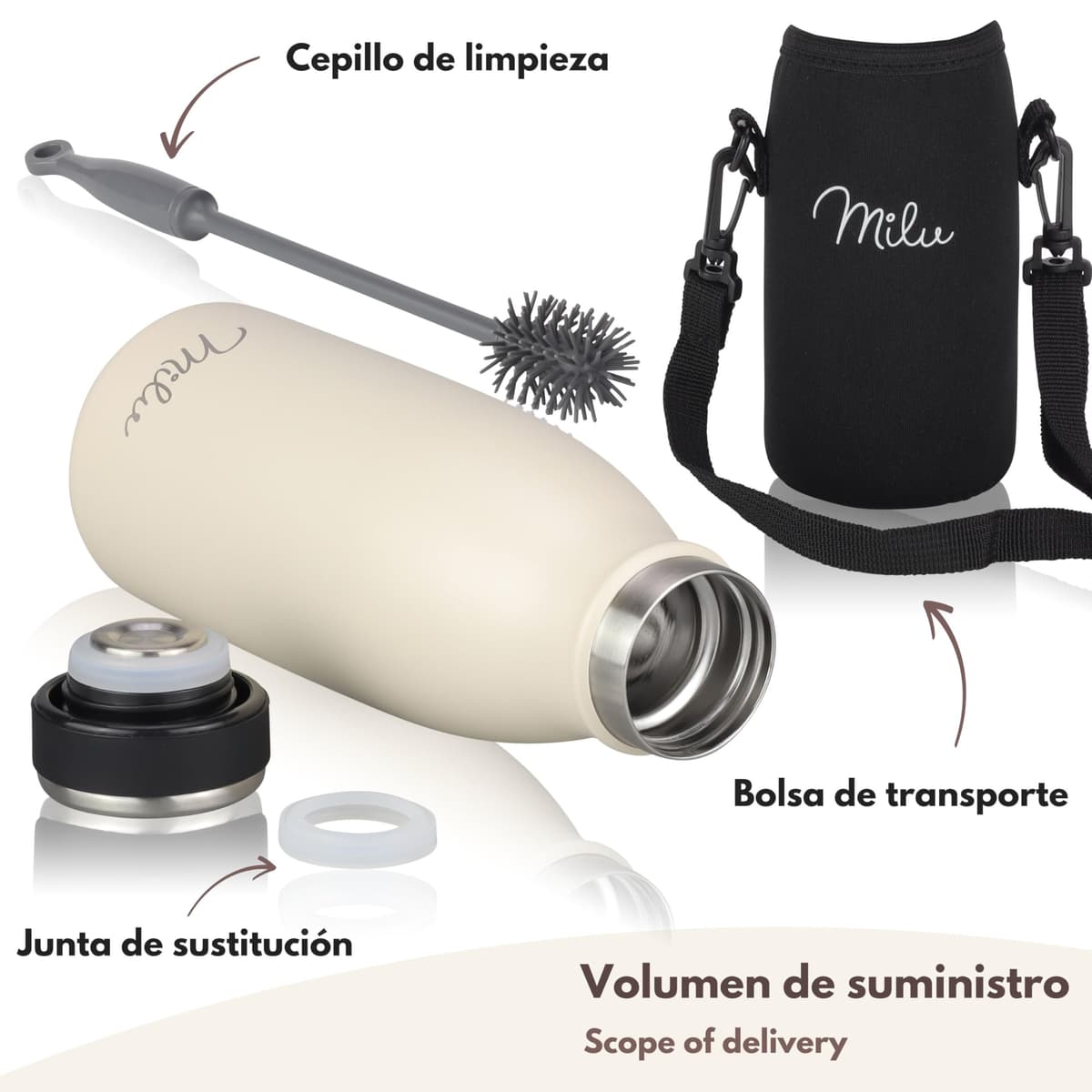 Milu Botella de acero inoxidable de 350ml 500ml 750 ml 1 L 1,5 L botella de agua aislada, termo a prueba de fugas, doble pared, apta para ácido carbónico + cepillo de limpieza (Azul Violeta, 350ml) — view 76