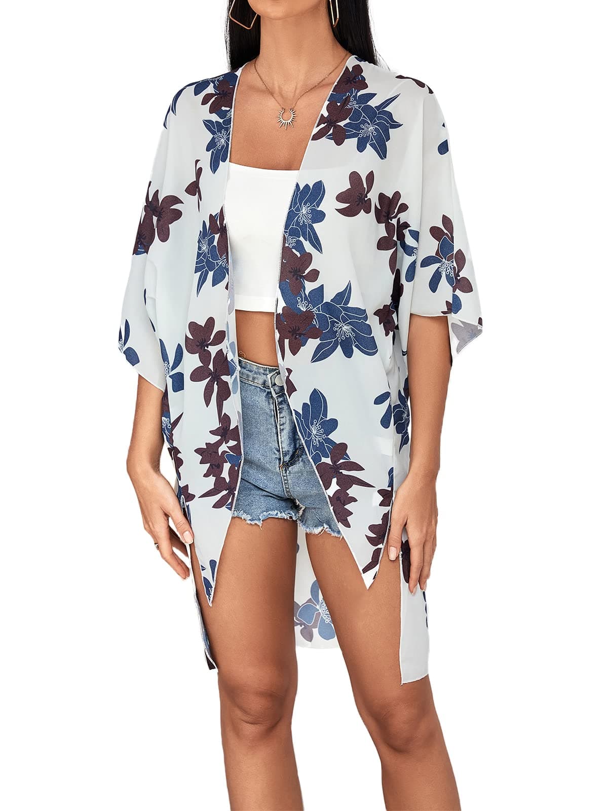 MayBuy Women's Summer Long Flowy Kimono Cardigans Boho Chiffon Floral Beach Cover Up Tops — view 26