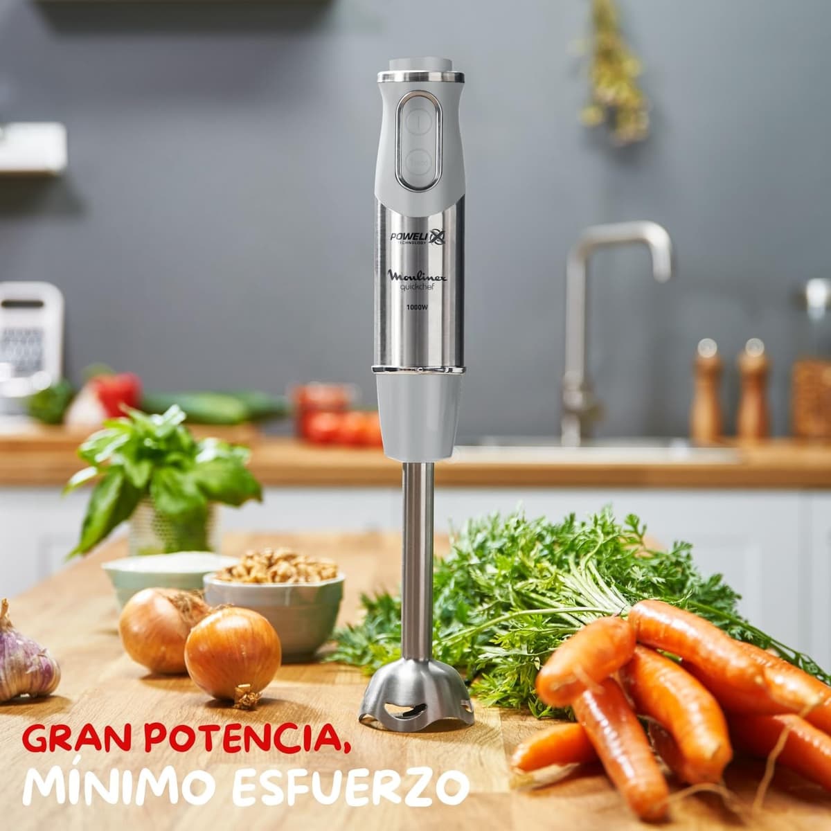 Moulinex Quickchef, Batidora de mano, Potencia de 1000 W, Cuchillas Powelix, 20 velocidades variables y modo turbo, Incluye picadora 500 ml, vaso medidor 800 ml y varillas, Gris, DD655DES — view 2