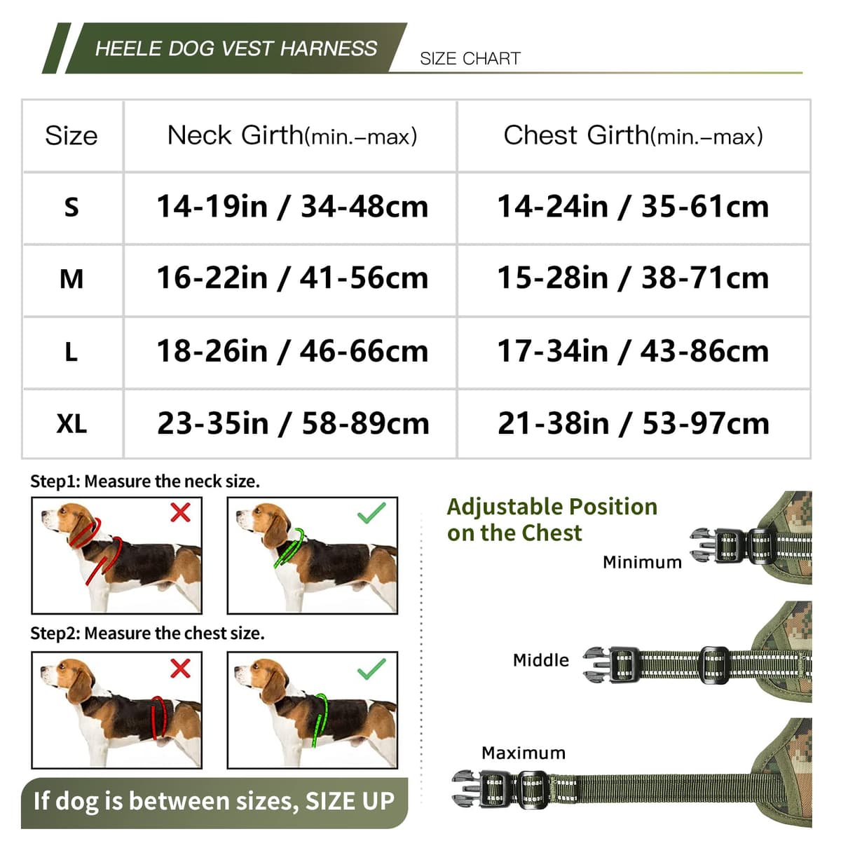 HEELE Arnés de Perro, Anti Tracción Reflectante Camuflaje Arnés para Perro Grande con asa Acolchada, 1 Hebilla en la Correa Recta del Cuello Que Hace Que Sea fácil de Poner y Quitar, Camo-Verde, L — view 2