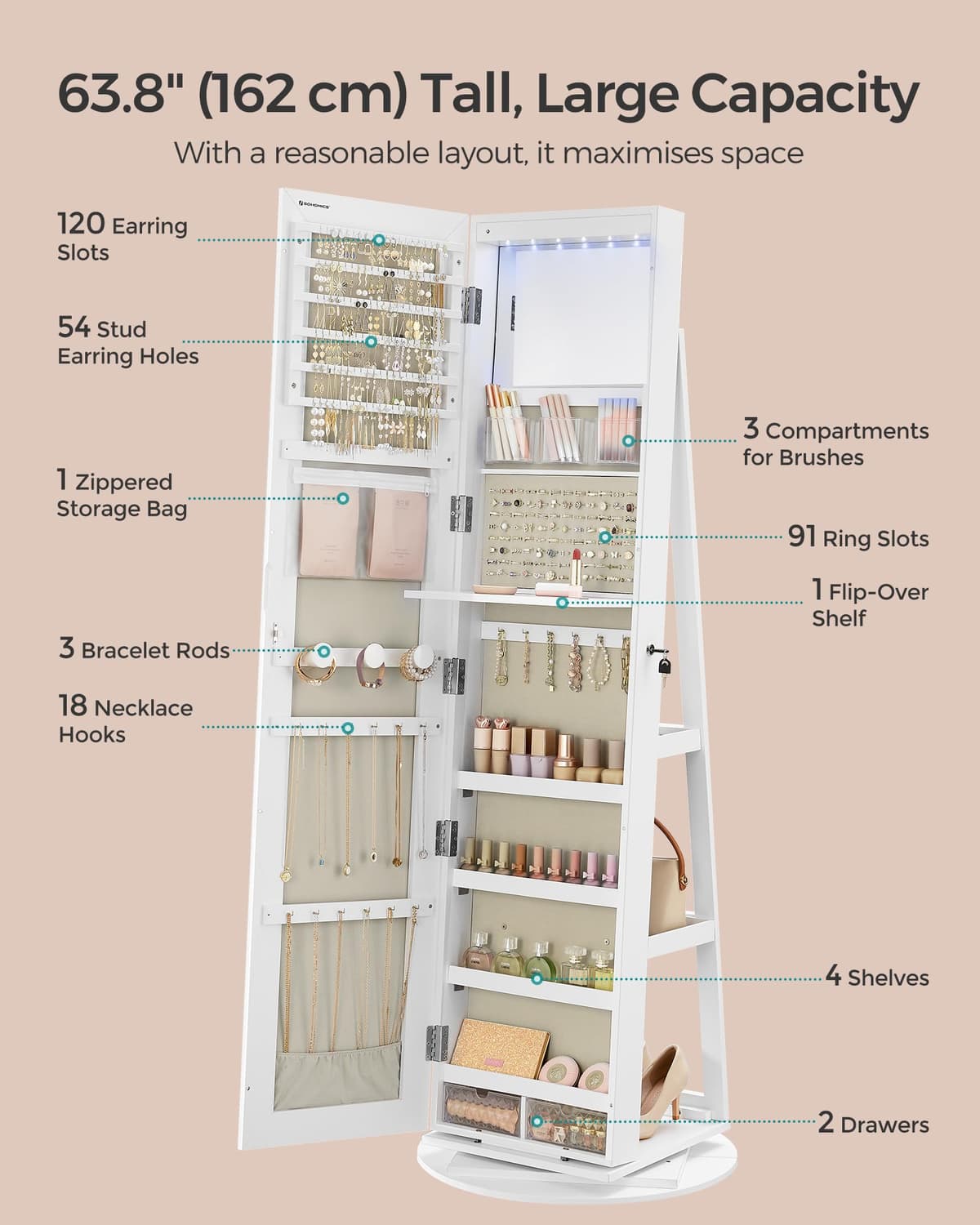 SONGMICS 6 LEDs Mirror Jewellery Cabinet, 360° Swivel Jewellery Storage Organiser, Lockable, Free-Standing Frameless Full-Length Mirror with Storage, White Surface, Greige Lining JJC007W02 — view 4