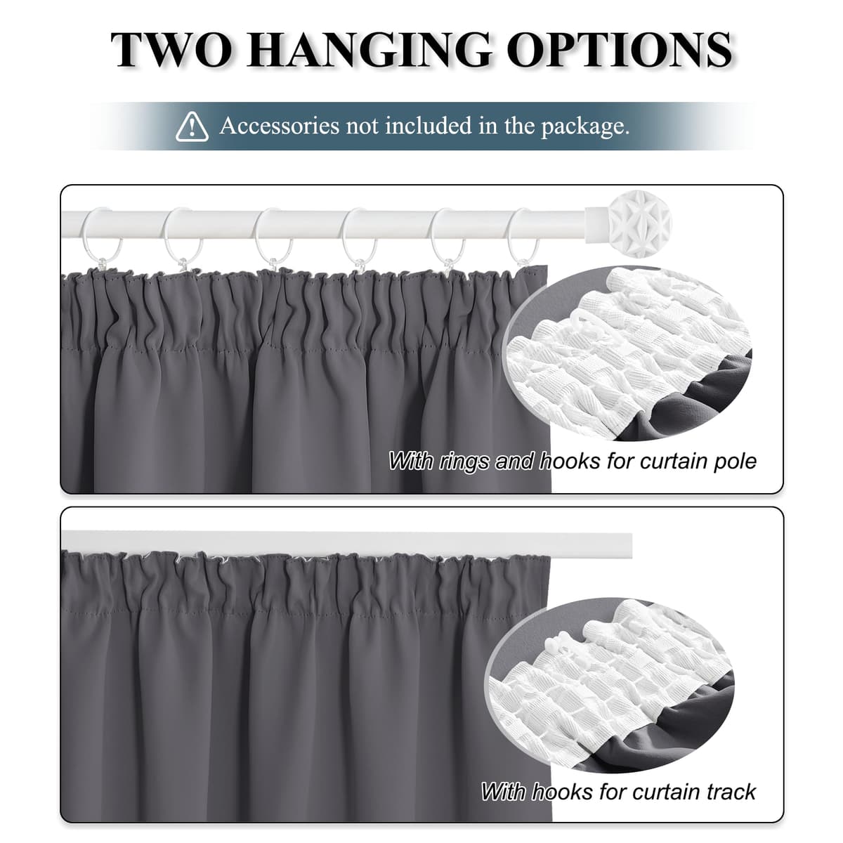 PONY DANCE Pencil Pleat Blackout Curtains Grey Thermal Insulated Curtains 46x54 Inch Drapes for Bedroom, Kitchen, Short Window Curtains with Hooks for Track Rail, W46 X L54, 2 Panels — view 4