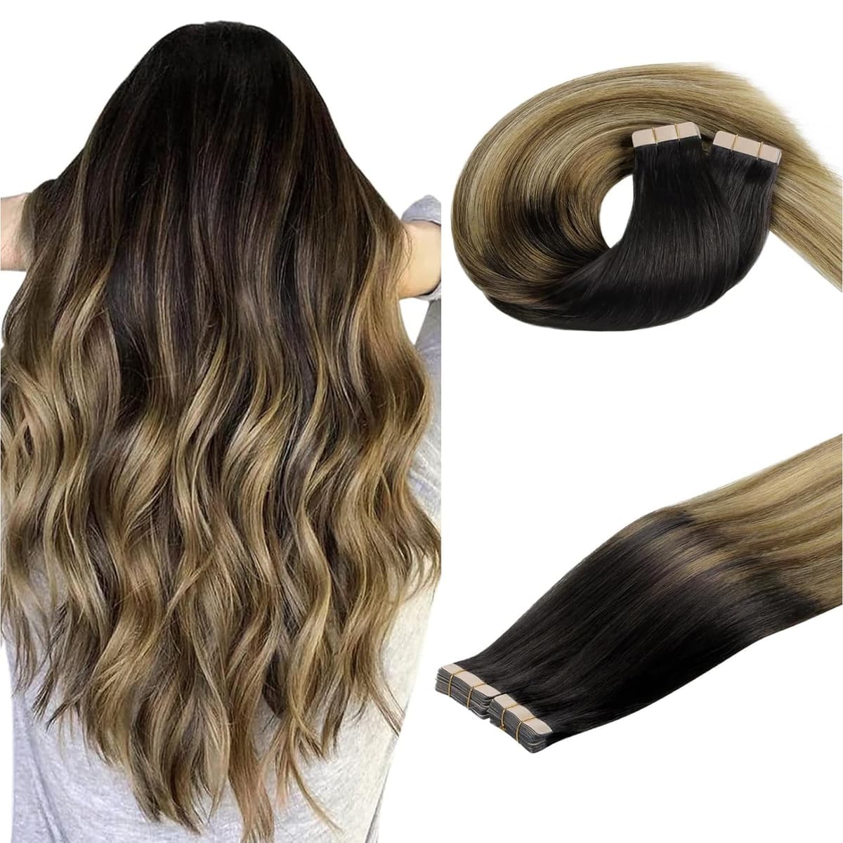 DOORES Tape in Hair Extensions Human Hair, Balayage Dark Brown to Chestnut Brown 50g 20pcs 18 Inch, Human Hair Extensions Natural Remy Straight Skin Weft — view 26