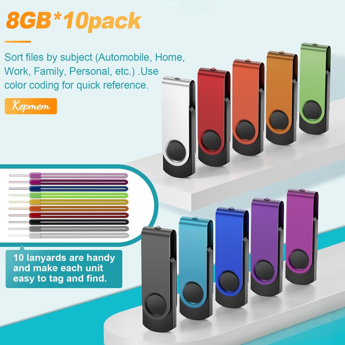 8GB 10 Piezas Memorias USB - Pendrive - Kepmem Rotatorio Multicolors USB 2.0 Memory Stick — view 7