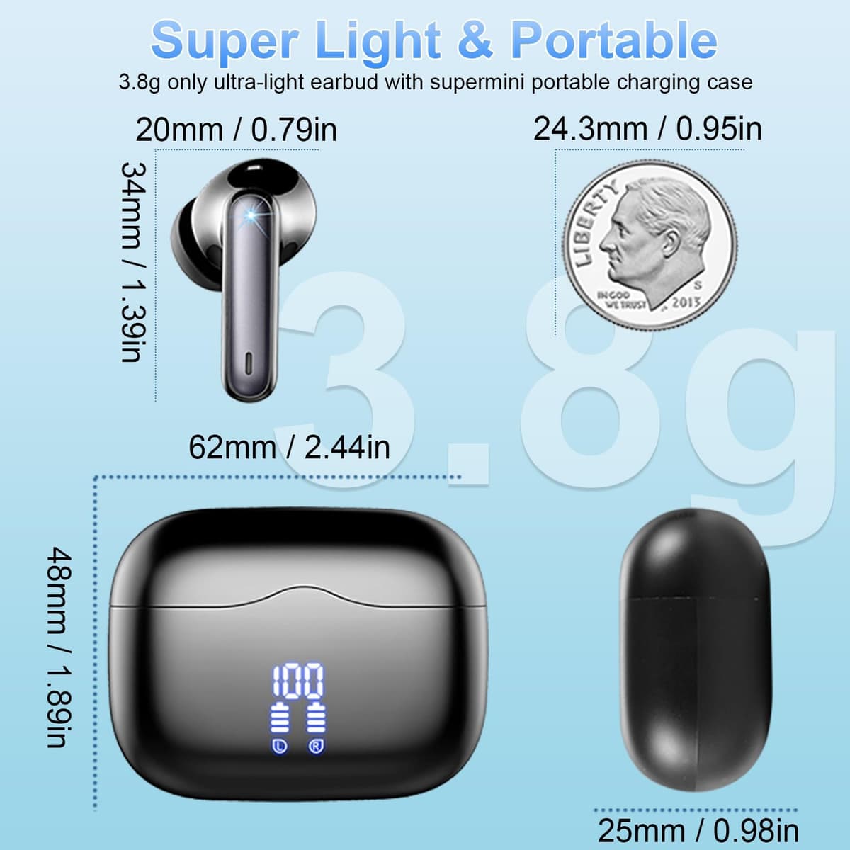 Wireless Earbuds, Bluetooth 5.4 Headphones in Ear with HiFi Stereo Deep Bass, 4 ENC Noise Cancelling Mic Wireless Earphones 40H Playtime, Bluetooth Earbuds Dual LED Display, IP7 Waterproof, USB-C — view 5