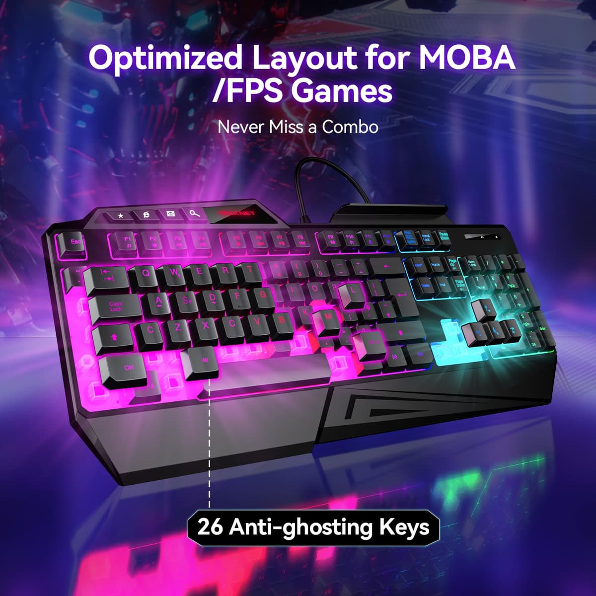 TECKNET Wired Gaming Keyboard, 26-Key Anti-Ghosting RGB Keyboard, Ergonomic Design with Phone Holder & Wrist Rest, Dedicated Shortcut Keys & Spill-Resistant Backlit Keyboards for PC/PS5/Xbox — view 6