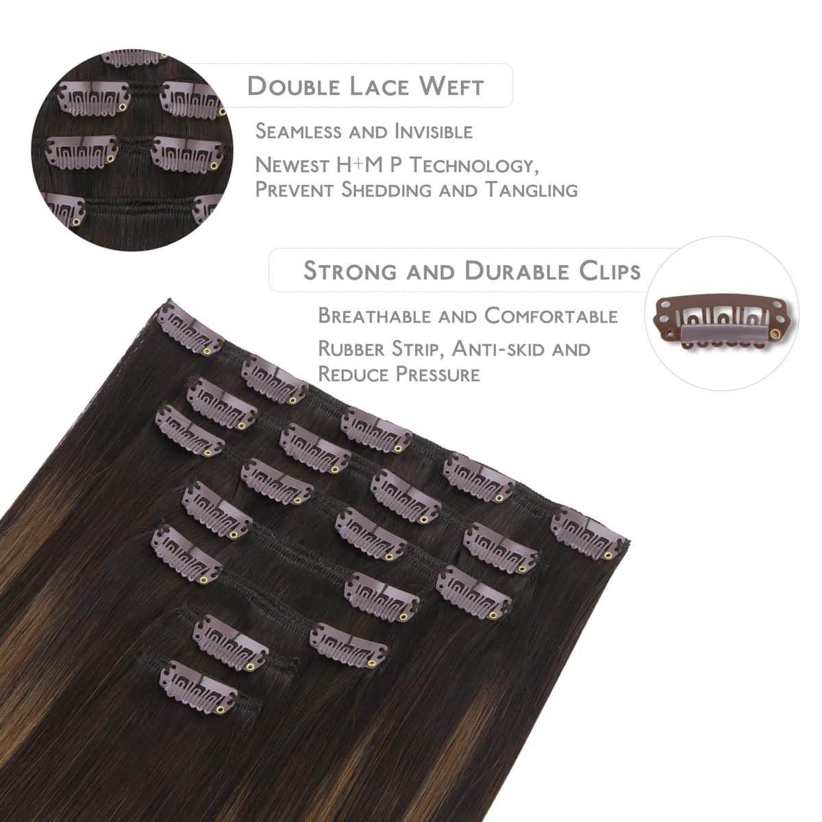 WENNALIFE Extensiones Clip Pelo Natural, 35cm 120g 7 Piezas, Balayage Marrón Oscuro Mezcla de Castaño Extensiones Cabello Postizos Remy para Mujer — view 3