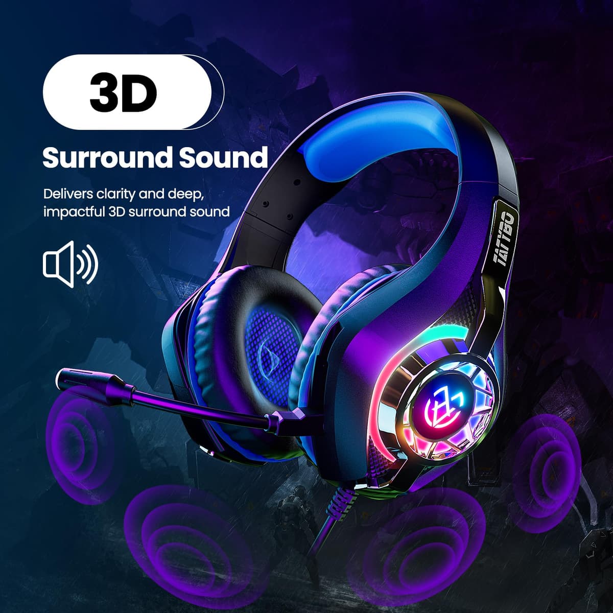 Tatybo Auriculares para Juegos para Ps4 Ps5 XboxOne Switch PC con micrófono con cancelación de Ruido, Sonido estéreo de Graves Profundos — view 3