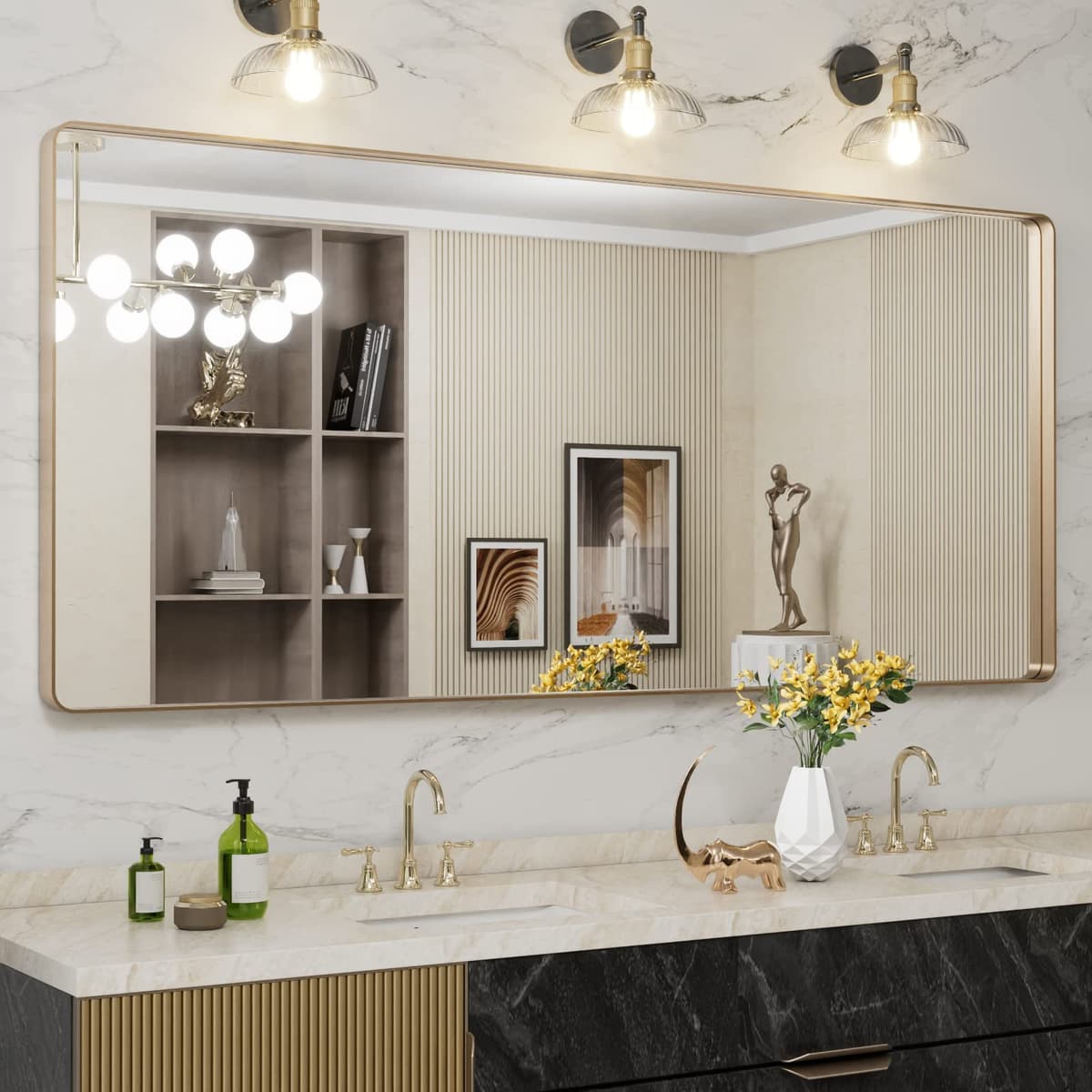 LOAAO 48”X36” Gold Bathroom Mirror, Rounded Rectangle Gold Frame Mirror, Brushed Gold Bathroom Vanity Mirror Wall-Mounted, Anti-Rust, Tempered Glass, Hangs Horizontally or Vertically — view 65