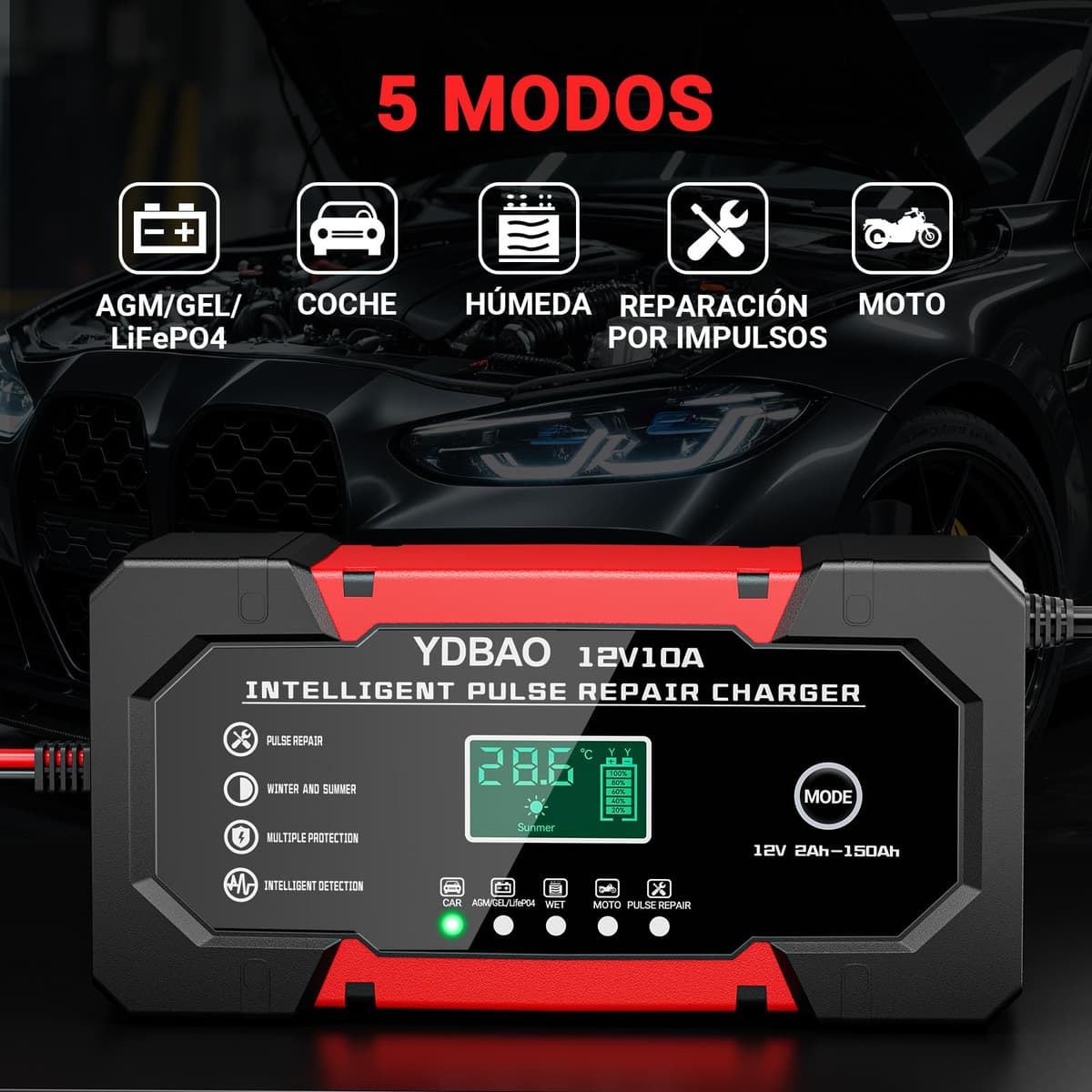 YDBAO Cargador Baterias Coche 12V 10A Cargador de baterias Coche y Moto Inteligente con Reparación y Pantalla LCD y Múltiples Protecciones Cargadors de batería para Auto,Moto, Camión, AGM, SLA, Gel — view 2