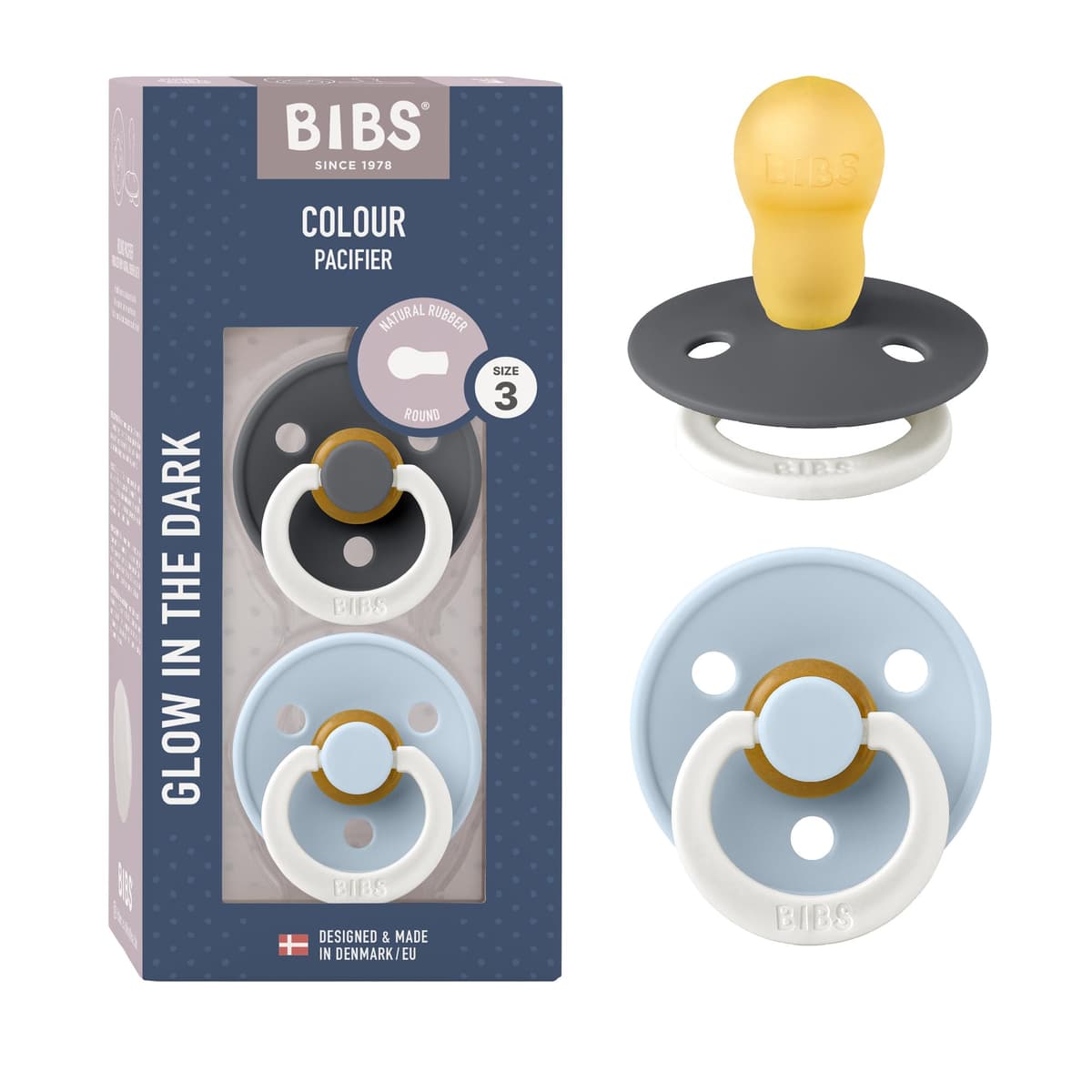BIBS Colour Soother 2-Pack, BPA Free Dummy Pacifier, Round Nipple. Natural Rubber Latex, Size 2 (6-18 Months), Sky Blue/Steel Blue — view 42