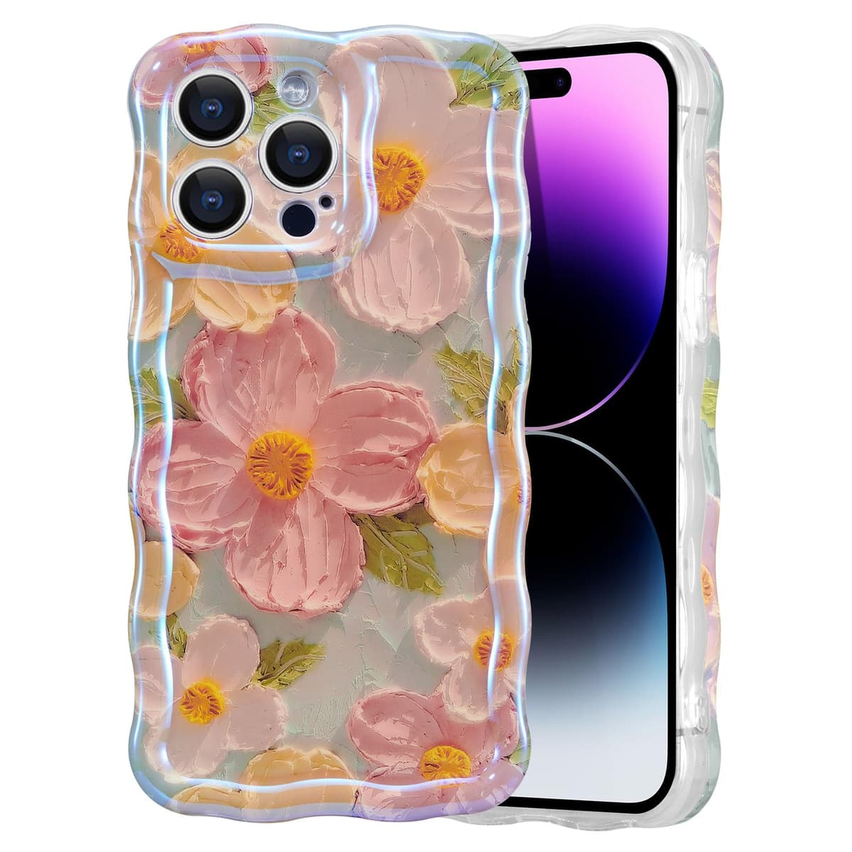EYZUTAK Case for iPhone 16, Colorful Retro Oil Painting Printed Flower Laser Glossy Pattern Cute Curly Wave Edge Exquisite Phone Cover Stylish Durable TPU Protective Case for Girl Women-Green — view 16