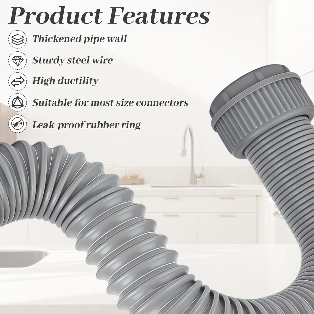 Tubo de desagüe flexible 45 mm, tubo extensible para fregadero, manguera con refuerzo de acero, adaptador 40 mm, kit duradero para cocina y baño (Gris) — view 3