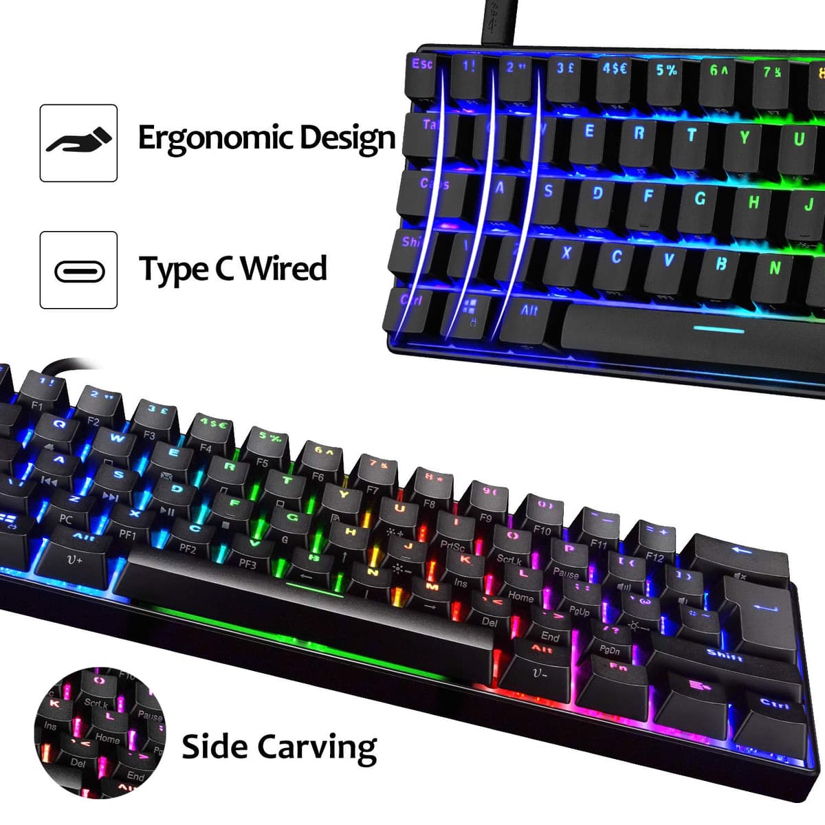 UrChoiceLtd UK61 60% Teclado mecánico para Juegos Tipo C Cableado 61 Teclas Retroiluminación LED Teclado Impermeable USB Retroiluminación RGB Teclas Anti-Fantasma para computadora/PC/Laptop/Mac — view 5