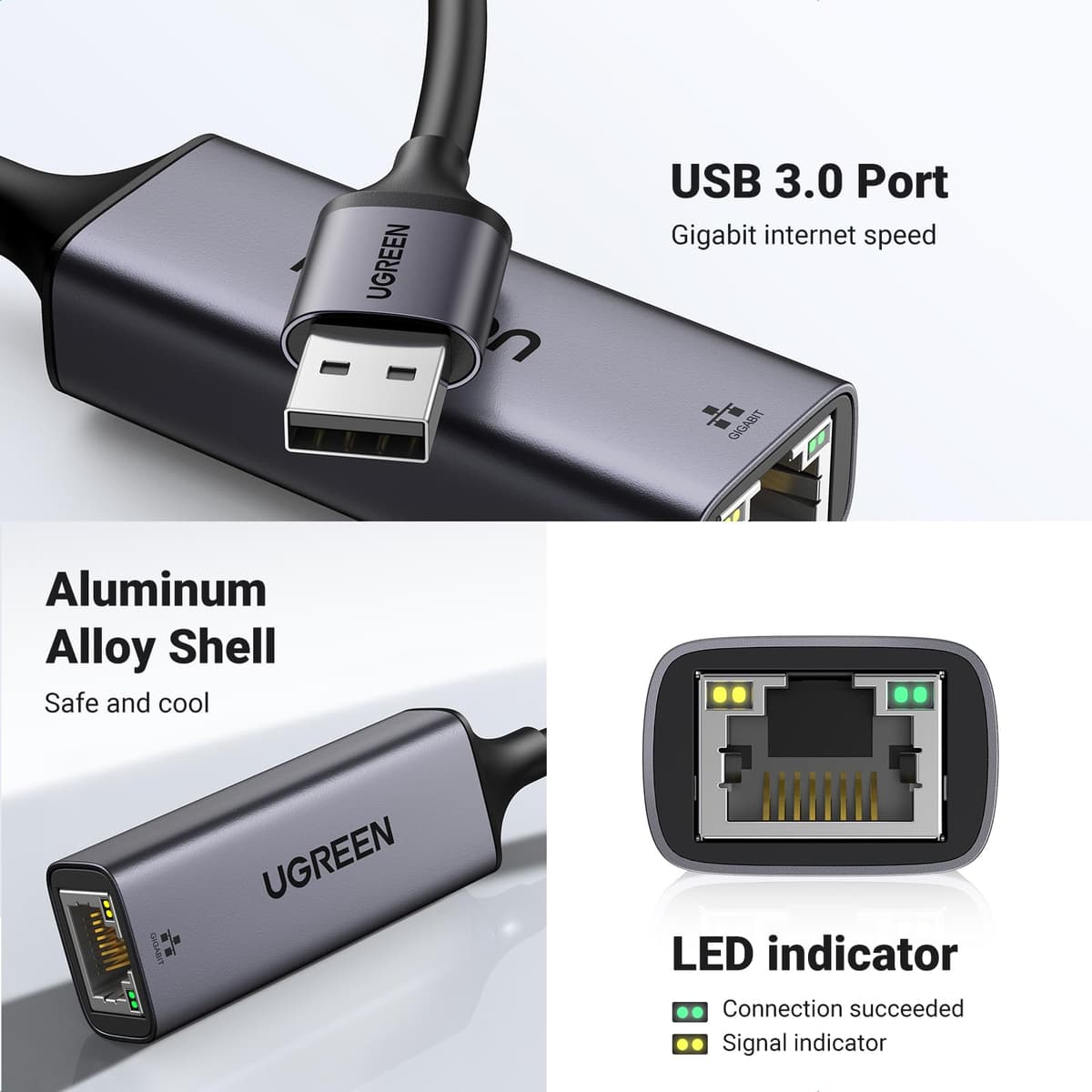 UGREEN USB Ethernet Adapter,1000 Mbps Gigabit Network Adaptor, Aluminum RJ45 LAN Internet Adapter Driver Free Compatible with Switch, MacBook Pro 2022 2020,TV Box,XPS,Steam Deck (Black Type A) — view 5