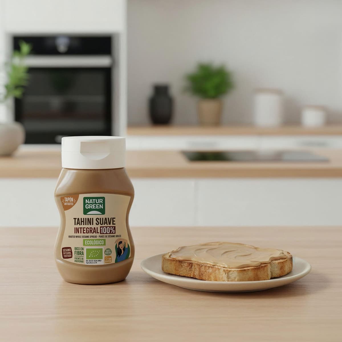 NaturGreen - Tahini Suave Integral Bio, 270 g, Tapón Antigoteo, Puré de Sésamo 100% Ecológico, Textura Cremosa, Rico en Fibra, Sin Gluten ni Azúcares, Fuente de Proteínas, Recetas Saludables — view 3