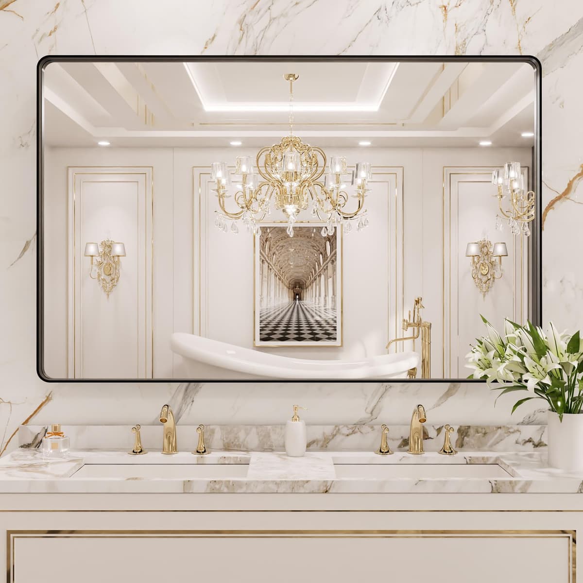 LOAAO 55X36 Inch Black Metal Framed Bathroom Mirror for Wall, Matte Black Bathroom Vanity Mirror Farmhouse, Large Rounded Rectangle Mirror, Anti-Rust, Tempered Glass, Hangs Horizontally or Vertically — view 8