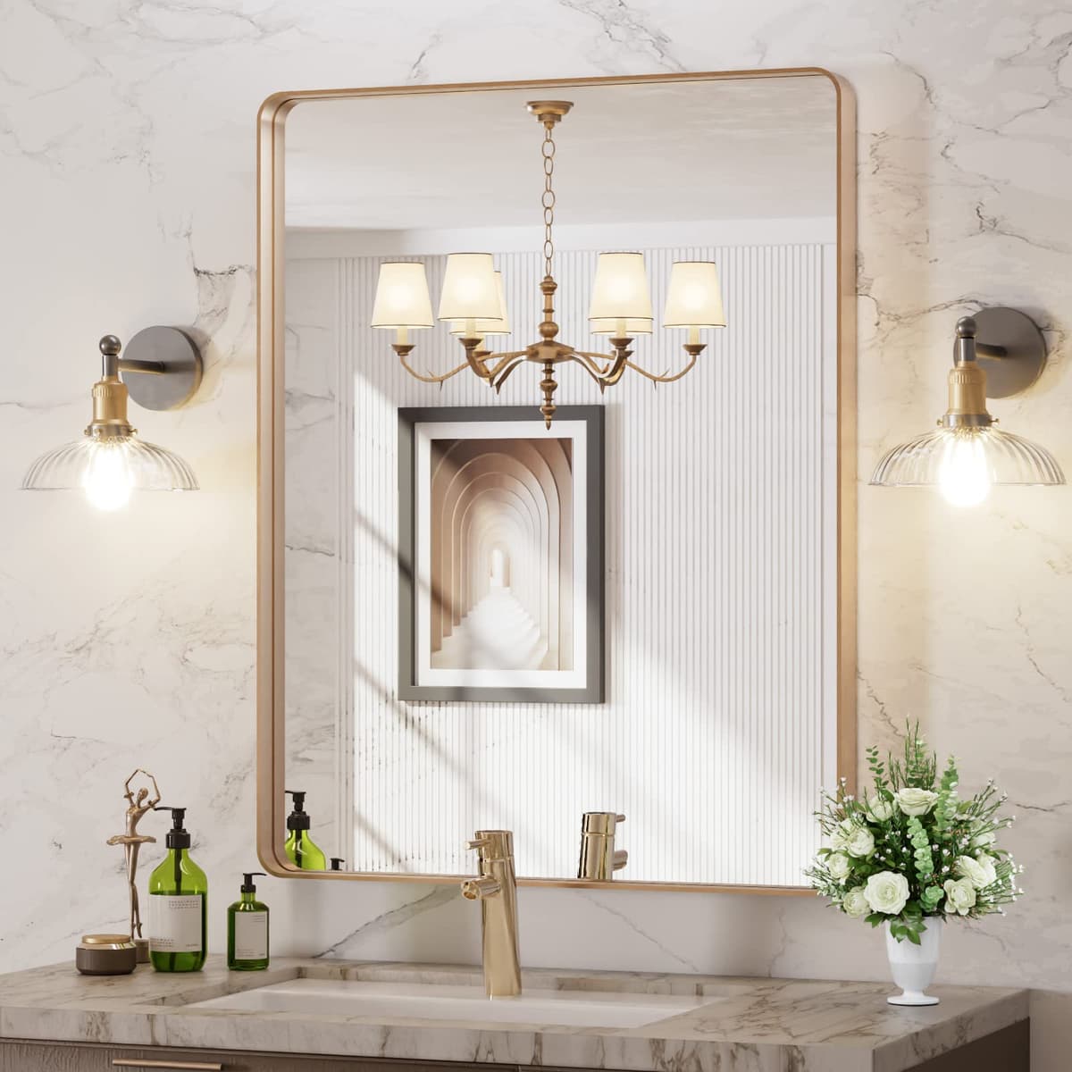LOAAO 48”X36” Gold Bathroom Mirror, Rounded Rectangle Gold Frame Mirror, Brushed Gold Bathroom Vanity Mirror Wall-Mounted, Anti-Rust, Tempered Glass, Hangs Horizontally or Vertically — view 76
