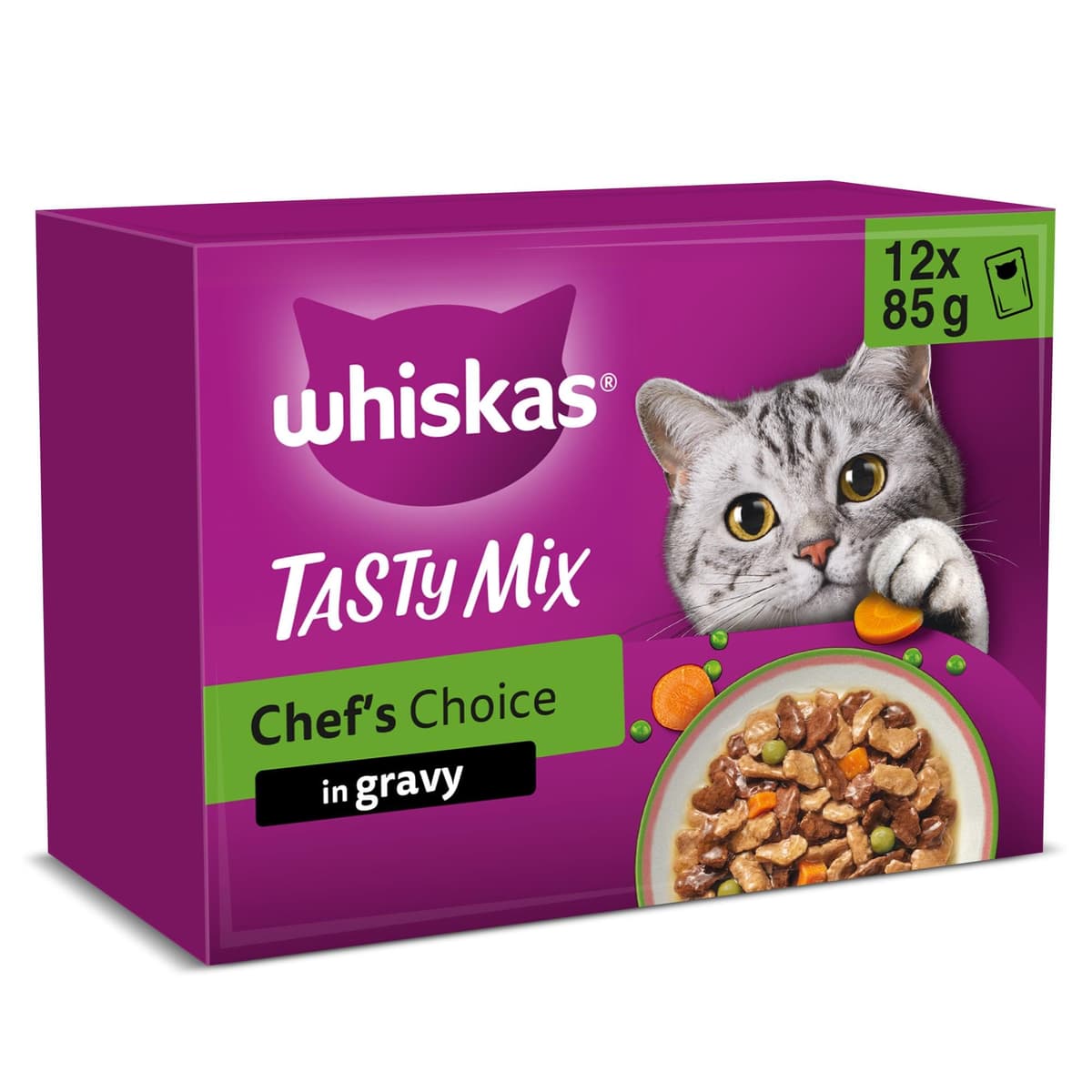 WHISKAS TASTY MIX Adult Wet Cat Food in Gravy 12x85g Chefs Choice (Pack of 4)
