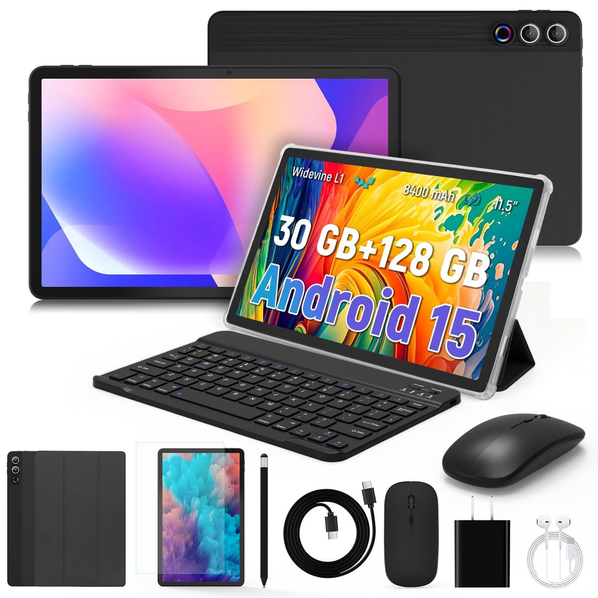 Tablet 11.5 inch Tablets Android 15, Octa-Core Processor, 30GB RAM 128GB ROM 1TB Expand, 5G WiFi 6, 2000 x 1200 HD/Dual 8MP+13MP Camera/Bluetooth 5.0, Android Tablet with Keyboard Mouse Case
