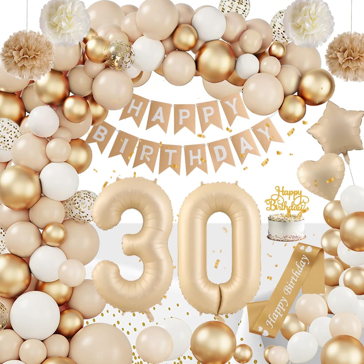 Globos 30 Cumpleaños Mujer, 30 Años Decoracion Cumpleaños, Decoracion 30 Cumpleaños Globes Beige con Pancarta Feliz Manteles para 30 Años Decoración de Fiesta de Cumpleaños Mujer