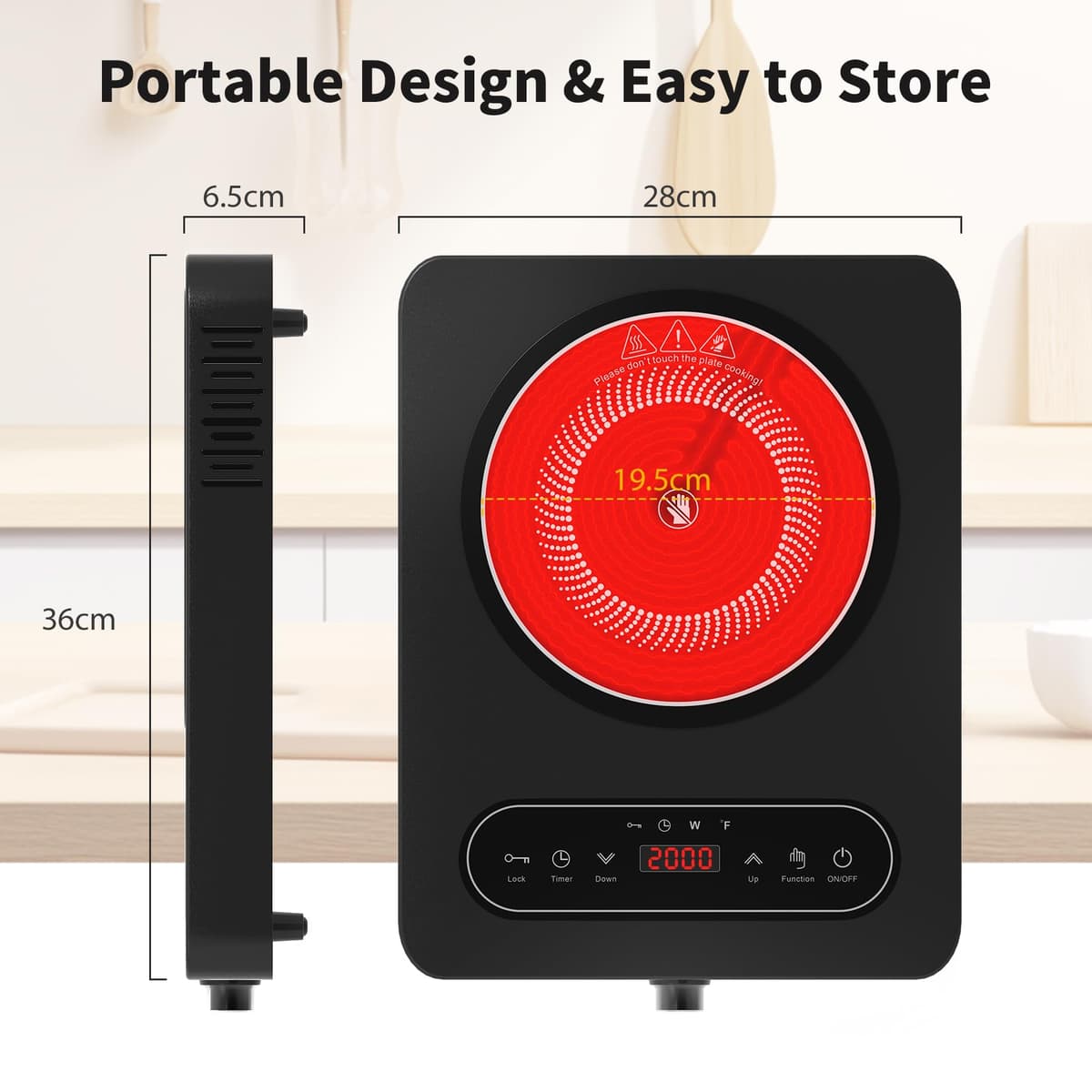 VBGK Portable Ceramic Hob, Single Electric Hob with Knob, LED Display, 10 Power & Temperature Settings, 4-Hours Timer, Safety Lock, Portable Electric Cooktop for All Cookware — view 2