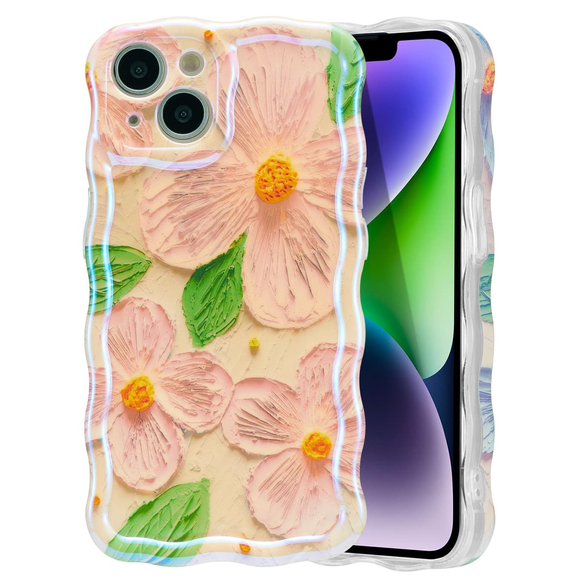 EYZUTAK Case for iPhone 16, Colorful Retro Oil Painting Printed Flower Laser Glossy Pattern Cute Curly Wave Edge Exquisite Phone Cover Stylish Durable TPU Protective Case for Girl Women-Green — view 47