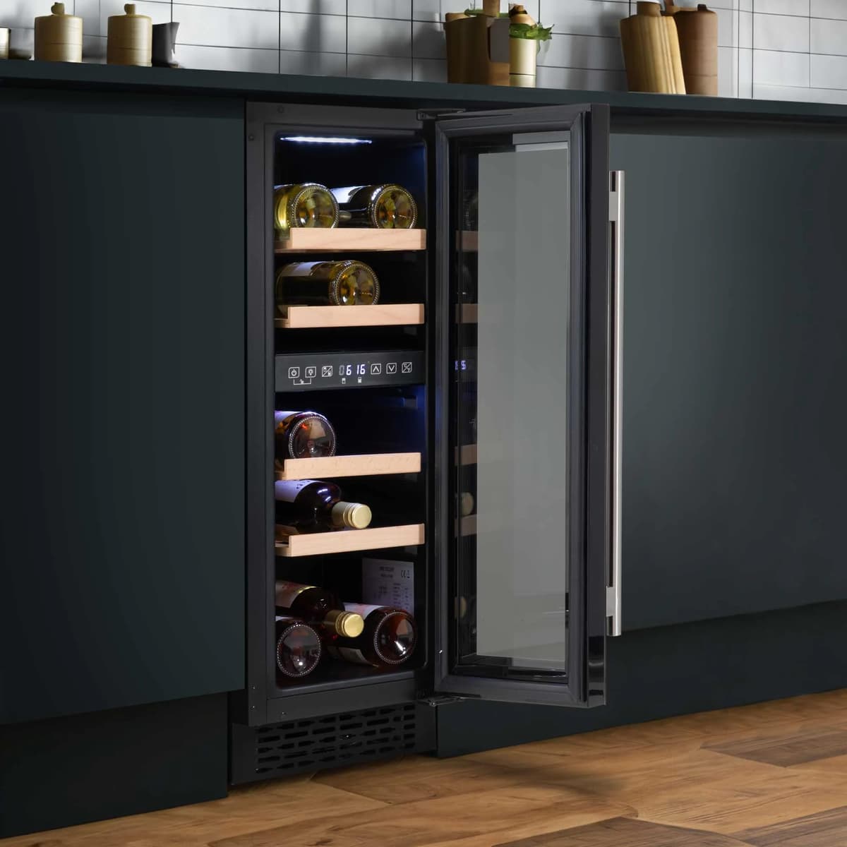 Baridi 17 Bottle Dual Zone Slim Built-In 30cm Wine Cooler, Touch Screen Controls, Wooden Shelves, LED, Black - DH204 — view 3