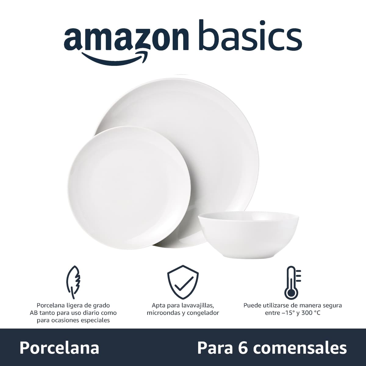 Amazon Basics Vajilla, 6 servicios, Paquete de 18, Porcelana blanca lisa — view 2