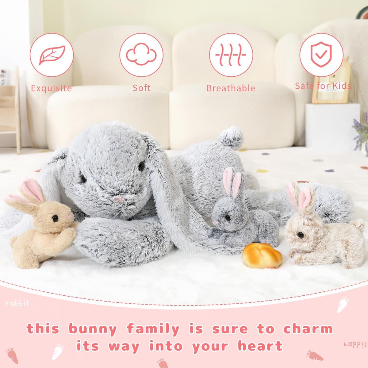 MorisMos Giant Easter Bunny Teddy Soft Toy, 60cm Cuddly Rabbit Teddy with 3 Baby Inside, Big Fluffy Bunny Stuffed Animals Gift for Kids Girlfriend Birthday Easter Decorations — view 6