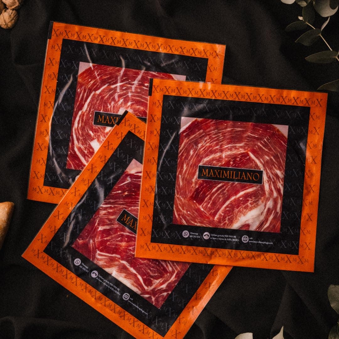 Maximiliano Jabugo - Jamón de Bellota 100% Ibérico | Estuche 80gr Loncheado a Mano a Cuchillo | Criado en Libertad | Curación Lenta +36 Meses (3 Estuches)