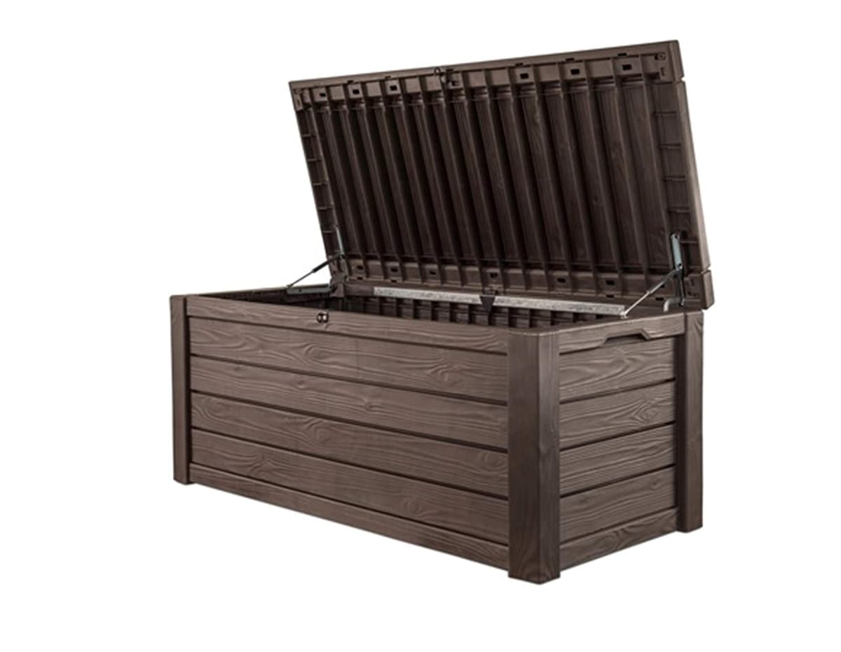 Keter Westwood 570L Outdoor 75% recycled Garden Furniture Storage Box Brown Wood Panel Effect ; Fade Free ; All Weather Resistant ; Safe and Secure ; Zero Maintenance ; 2 year Warranty — view 2