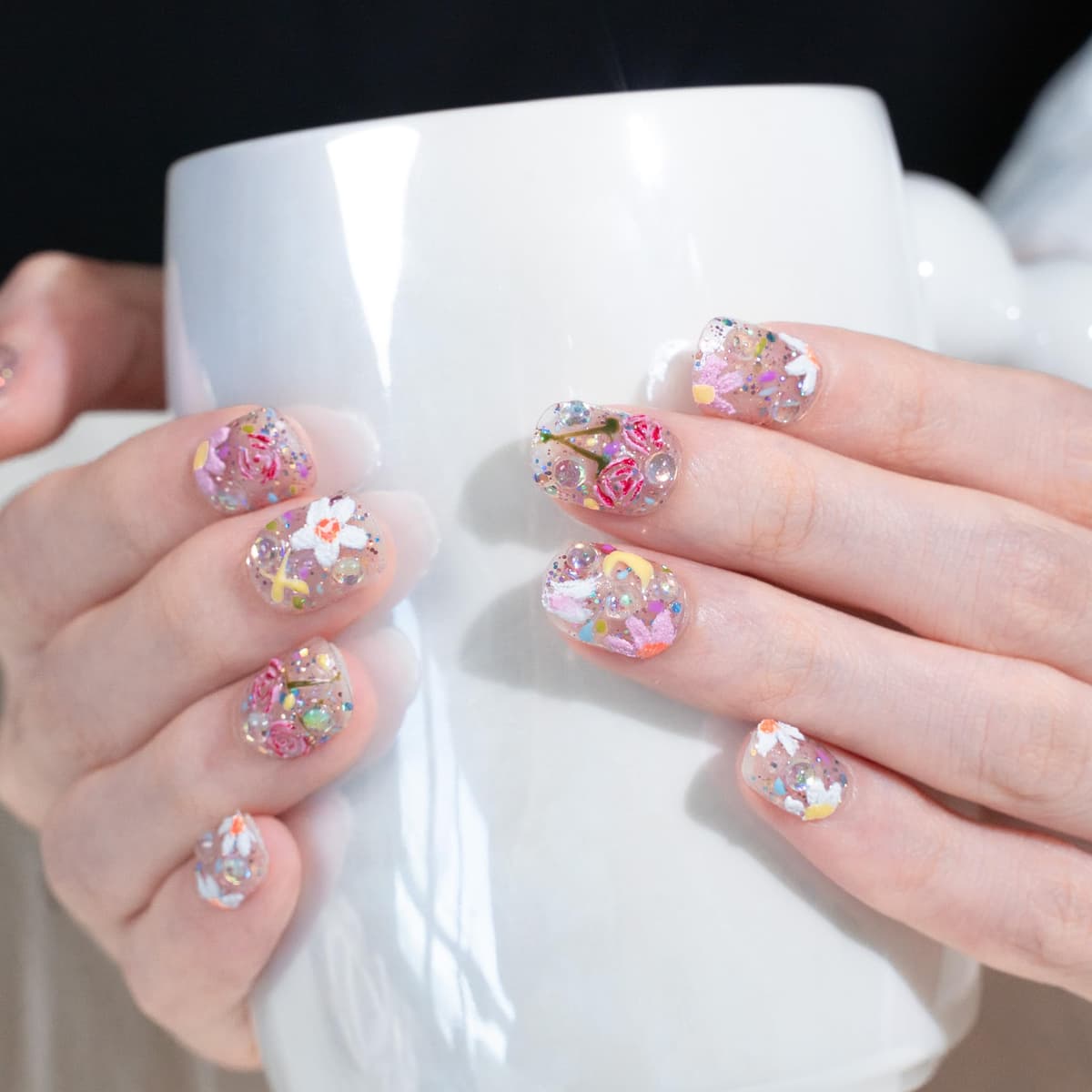 Sun&Beam Nails Handmade Press On Nail Long Coffin Ballerina Pink Flower Acrylic Fake Tip 3D Design Art Charms Cute with Storage Box 10 Pcs (S) — view 103