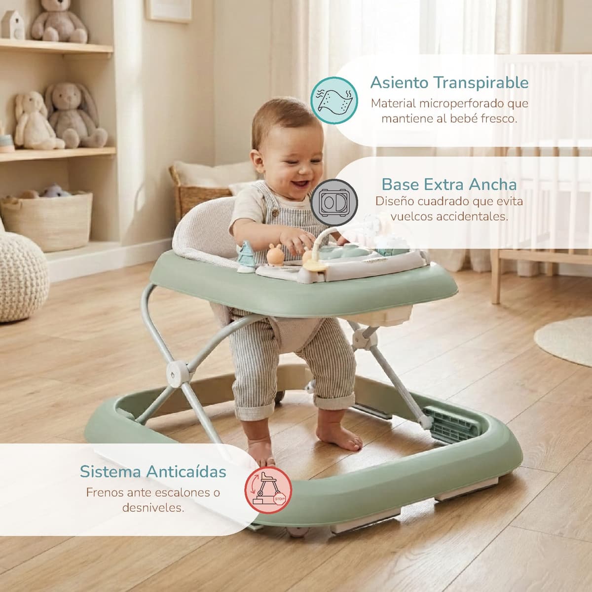 Buddy Baby Funny - Andador Bebe con Base Antivuelco - Incluye Bandeja De Sonidos Y Juegos (Verde) — view 3