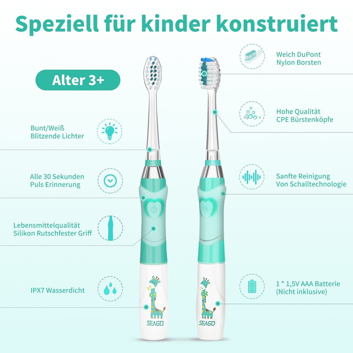 Seago Cepillo de Dientes Infantil Eléctrico Para Niños 3–12 Años Kids Con Luz de Colores,Temporizador Inteligente de 2 minutos,4 Cabezales Suaves SG-EK6/SG-977 (Verde) — view 7