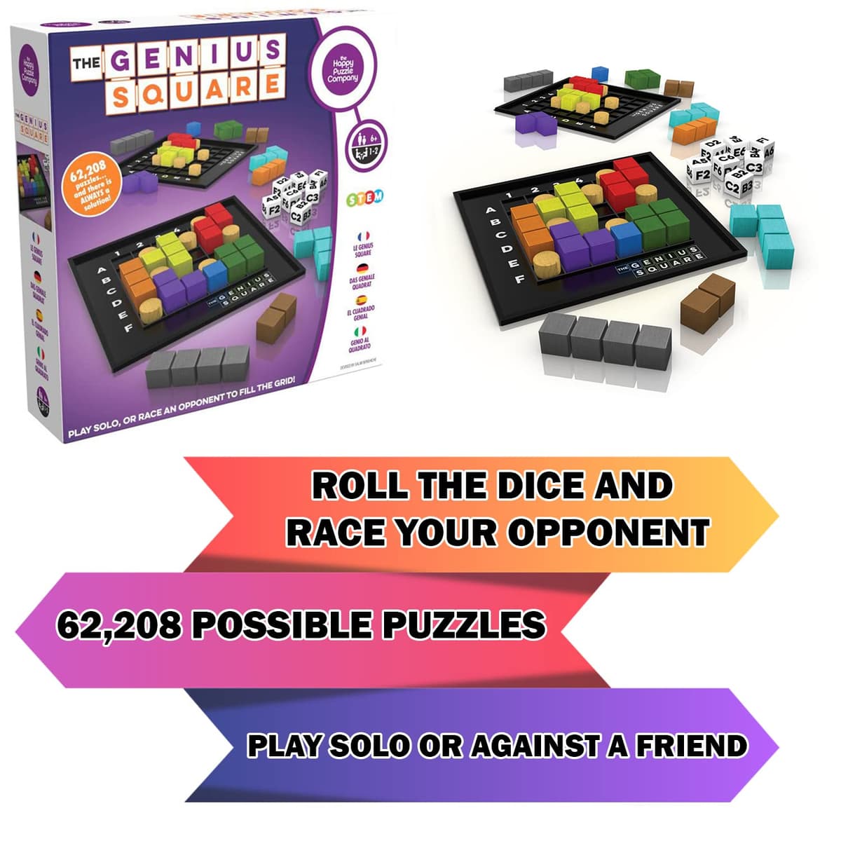 The Happy Puzzle Company - The Genius Square & Collection - Puzzle Challenges for Friends and Family Board Game Night - Logic STEM Educational Learning Resources (The Genius Square) — view 4
