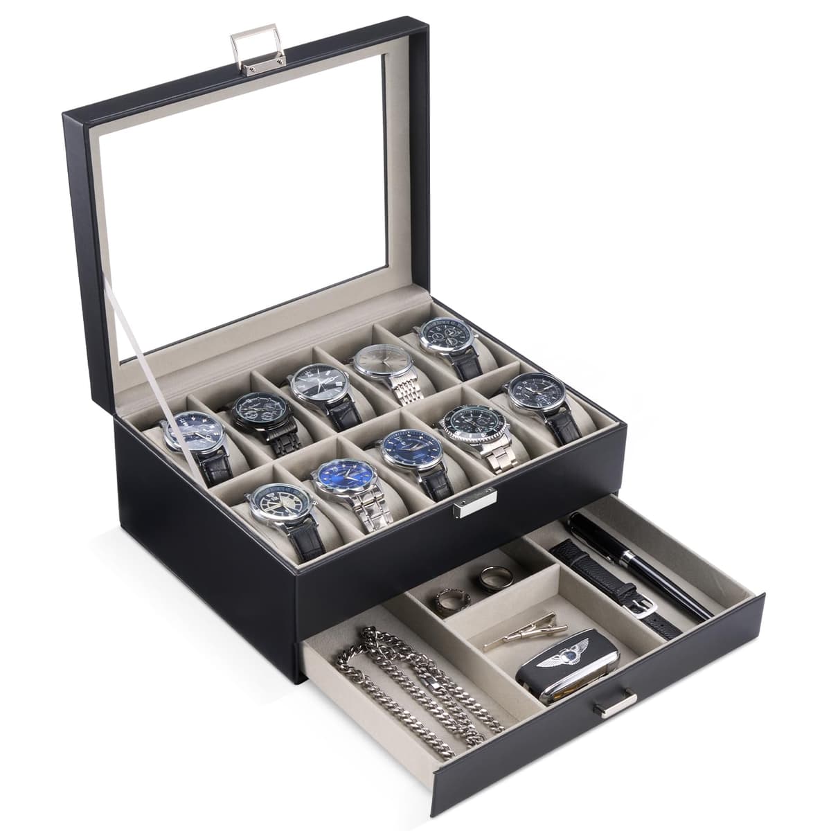 ProCase Caja de Relojes de 6 Ranuras con Cajón, Funda Organizadora de Reloj de 2 capas con Tapa de Cristal, Estuche de Almacenamiento para Hombres y Mujeres -Negro — view 26
