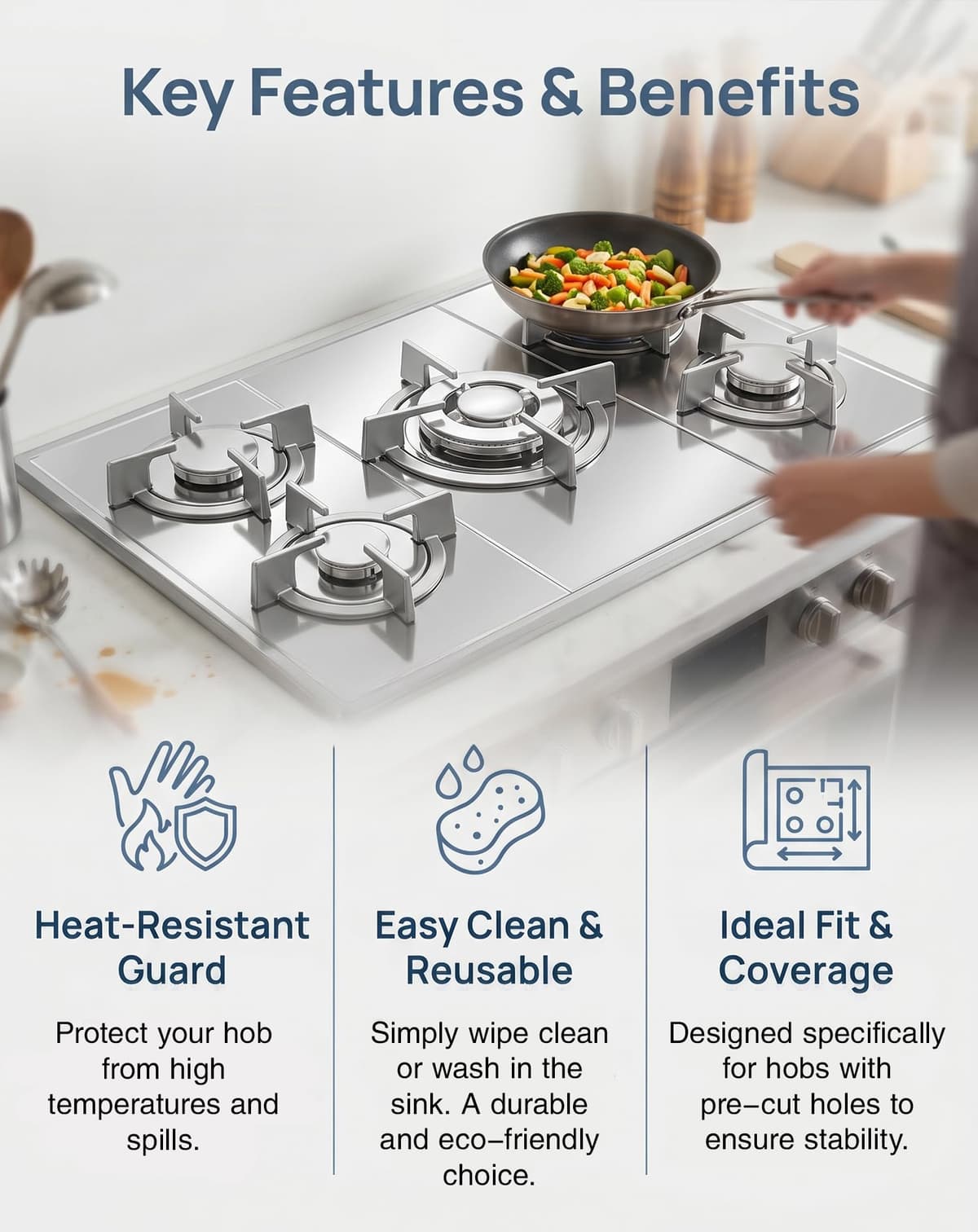 JTENGYAO Gas Hob Covers, 3PCS 54x27cm Reusable Stove Burner Covers, Gas Hob Range Protectors, Fiberglass Gas Stove Mats, Non-Stick Hob Protectors for Gas Cooker, Silver — view 5
