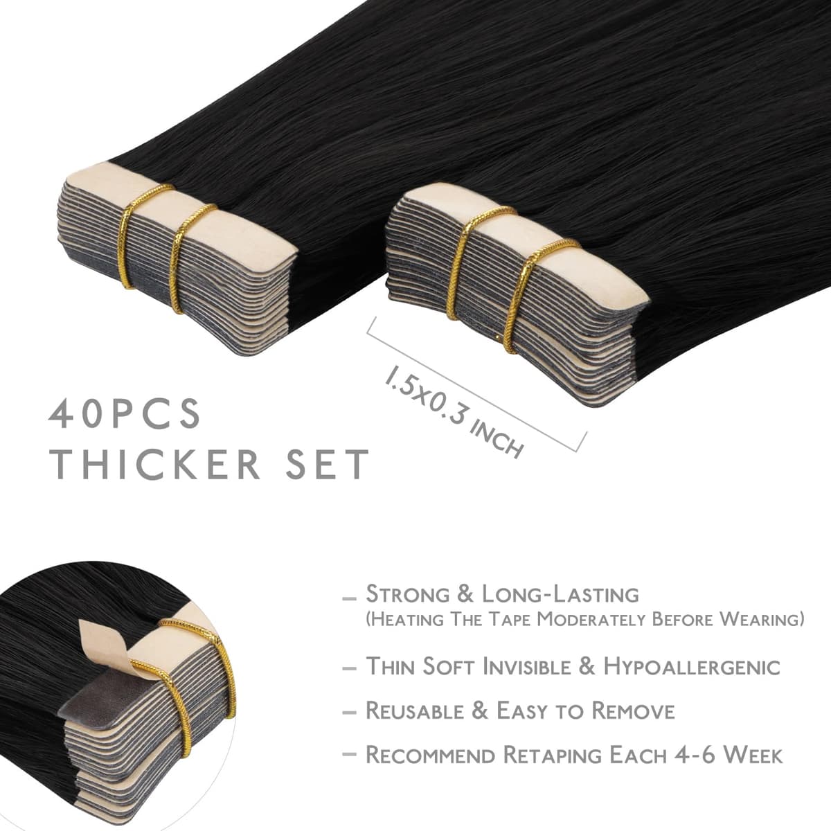 WENNALIFE Tape in Hair Extensions Human Hair, 22inch 40pcs 98 Jet Black Real Human Hair Tape Extensions — view 3