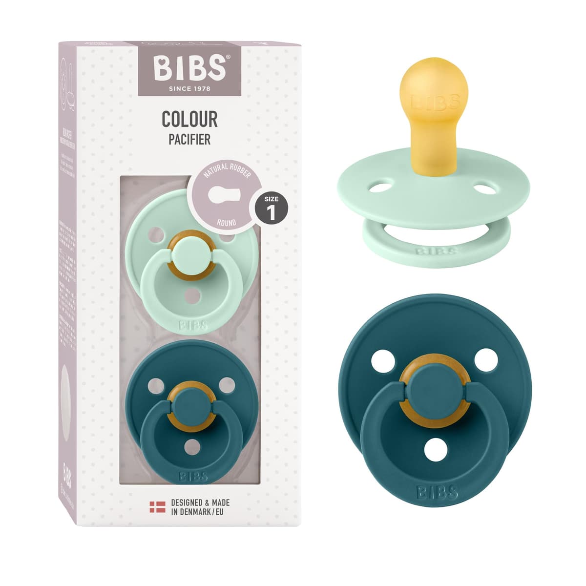 BIBS Colour Soother 2-Pack, BPA Free Dummy Pacifier, Round Nipple. Natural Rubber Latex, Size 2 (6-18 Months), Sky Blue/Steel Blue — view 110