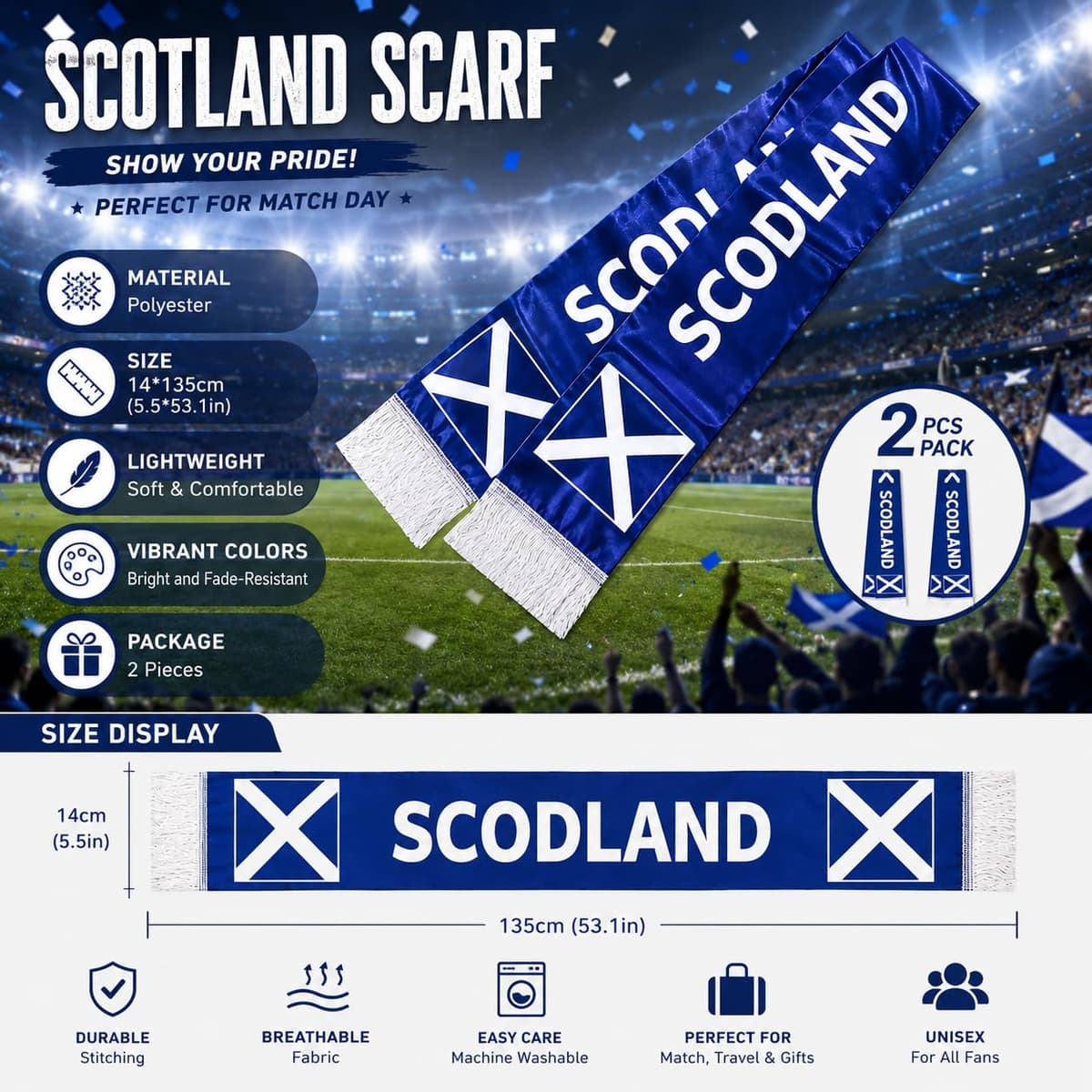 YESAH 2 Pack Scotland Football Fan Scarf for World Cup 2026,14x135cm,Polyester,Support Scarves for Soccer Games,Football Fans Souvenir Scarf for Sports Events,Team Cheering Supplies — view 2