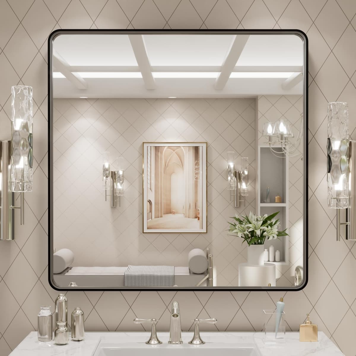 LOAAO 48”X36” Gold Bathroom Mirror, Rounded Rectangle Gold Frame Mirror, Brushed Gold Bathroom Vanity Mirror Wall-Mounted, Anti-Rust, Tempered Glass, Hangs Horizontally or Vertically — view 86
