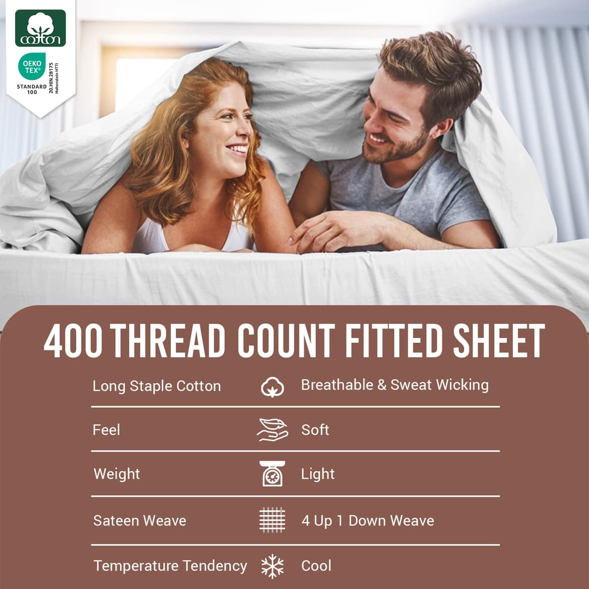 Pizuna 100% Cotton Super King Fitted Sheet White, 400 Thread Count Long Staple Cotton Fitted Sheet 180x200 cm, Sateen Weave Superking Fitted Sheet Extra Deep 40 cm Fit 1 PC — view 4