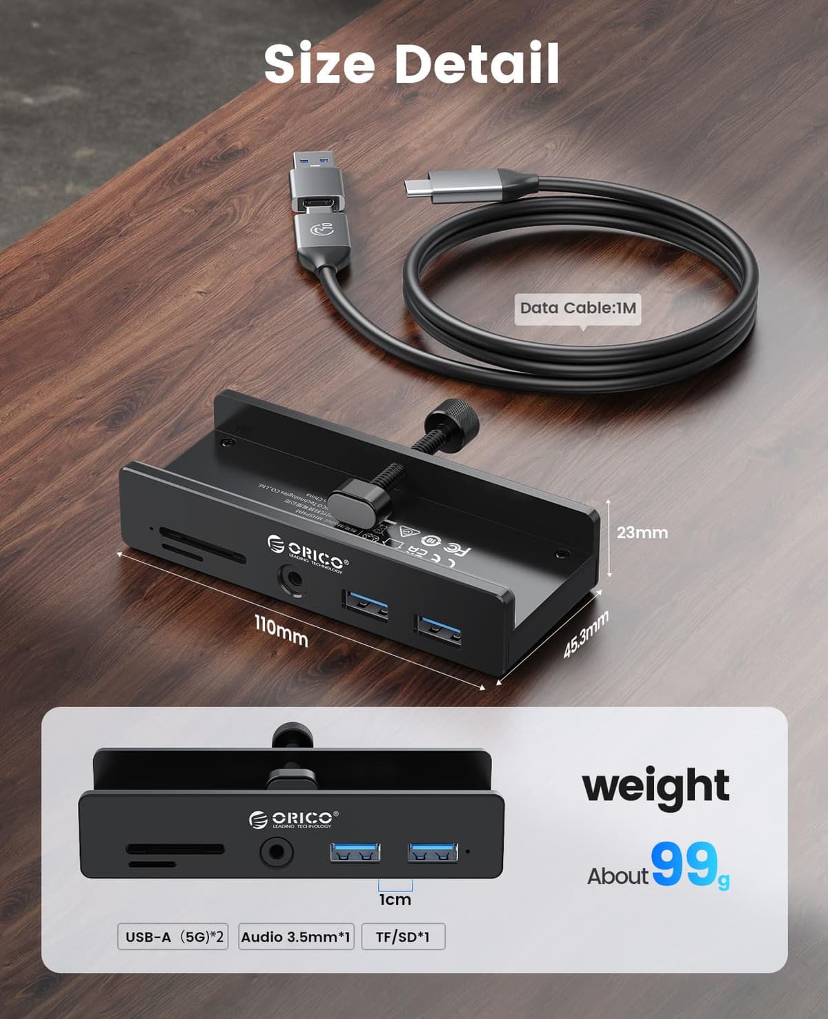 ORICO USB Hub 3.0, Clamp USB Hub with Extra Power Port, Aluminum USB C Adapter with 2 USB-A Data Ports,3.5mm AUX, SD/TF Card Reader for Desktop(Black) — view 7