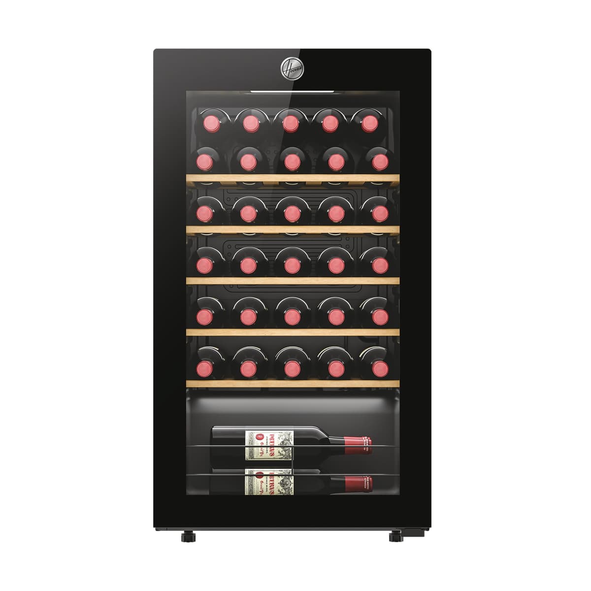 Hoover H-WINE 500 Freestanding Wine Cooler, 34 Bottles, Single Zone Temperature, Anti-UV Glass Door, Low Vibration Design, LED Light, hOn App, G Class, Black, 47.5x45.6x85 cm - HOWC034K