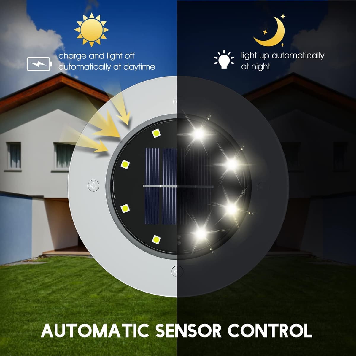 FLOWood Solar Lights Outdoor Garden, 8 H Working 600mAh Solar Floor Lights Outdoor Solar Ground Lights IP65 Waterproof 8 LED Solar Path Lights for Garden Lawn Pathway Patio White 8 Pieces — view 3