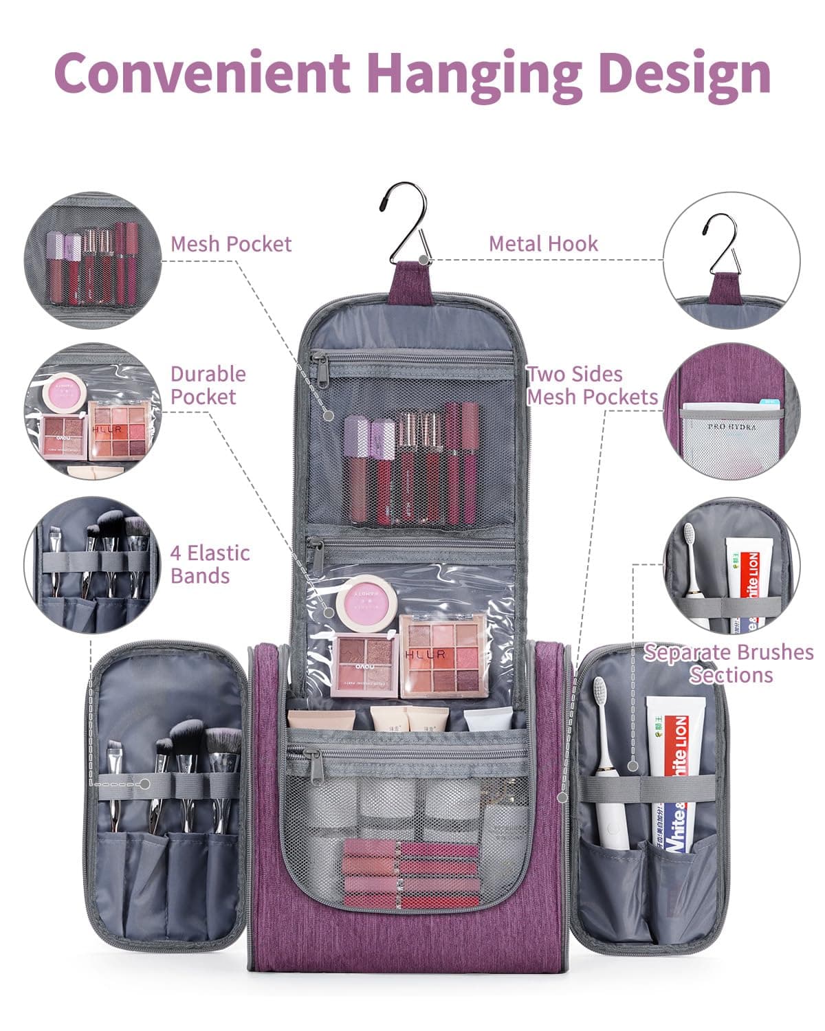 Narwey Neceser Mujer Bolsa de Aseo Colgante, Organizador de Maquillaje Neceser Viaje para Hombre y Mujer Accesorios de Viaje (moradoe(Grande)) — view 2